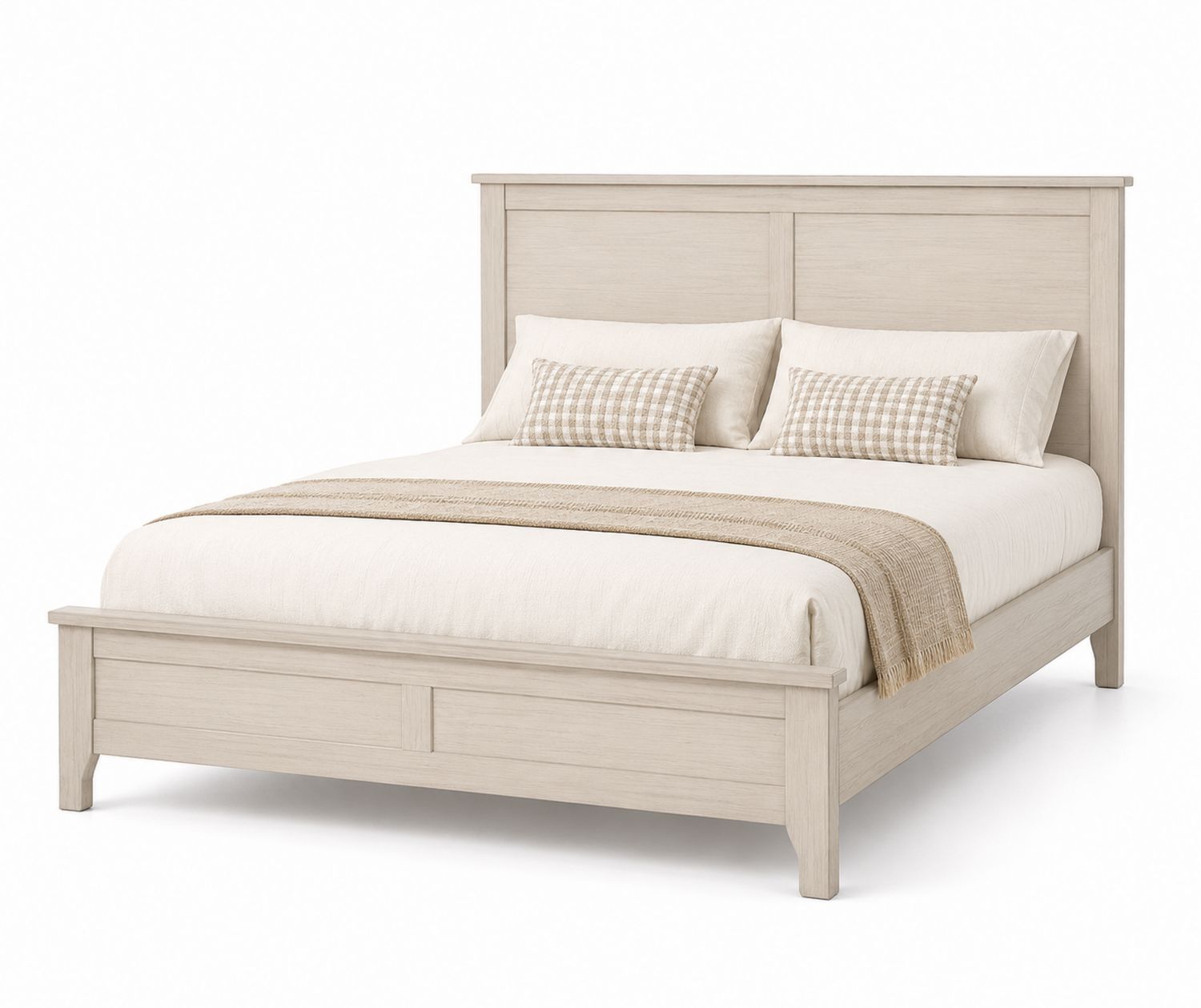 Cama de madera beige con colchón y cojines