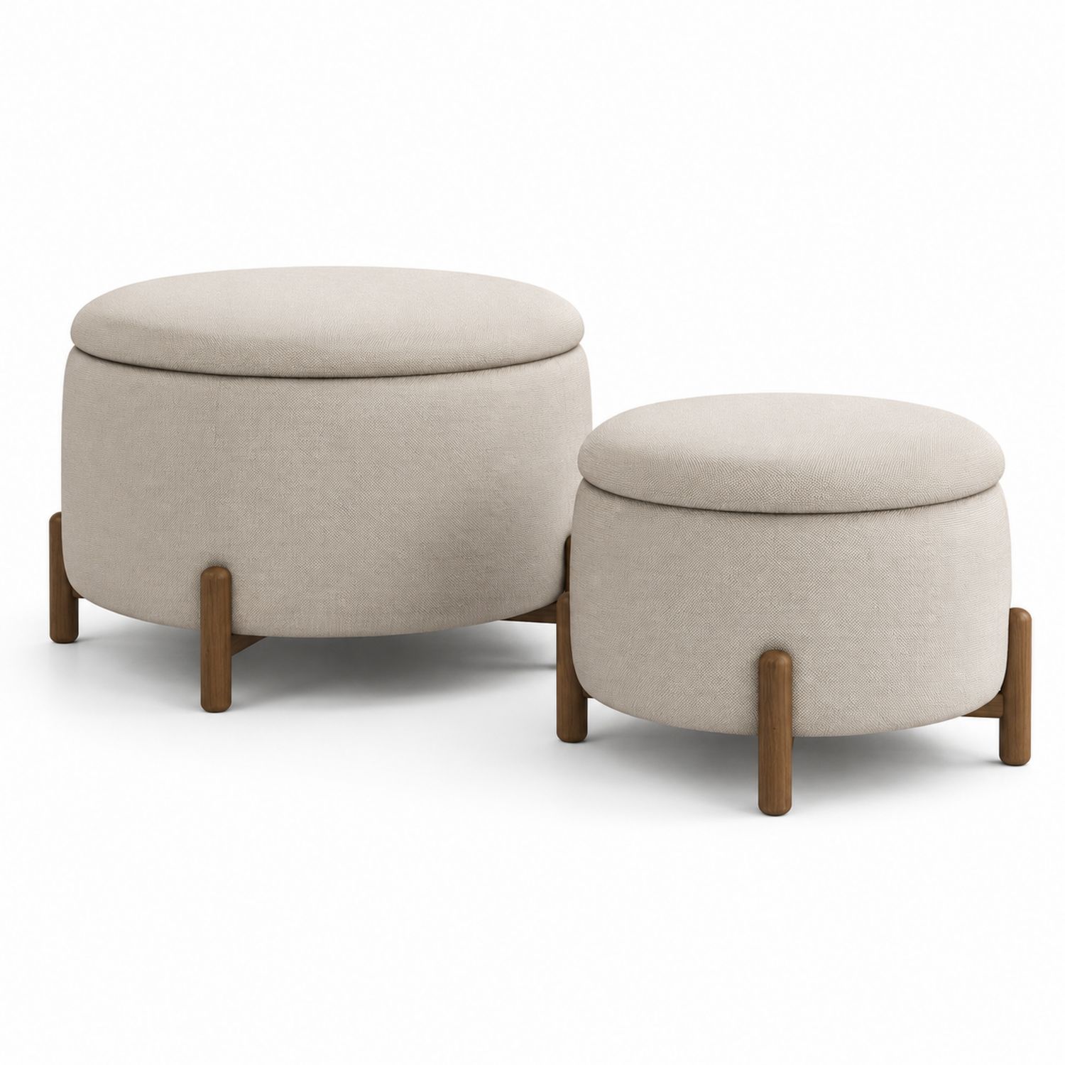 Conjunto de Pufs Redondos de Tela Beige y Madera