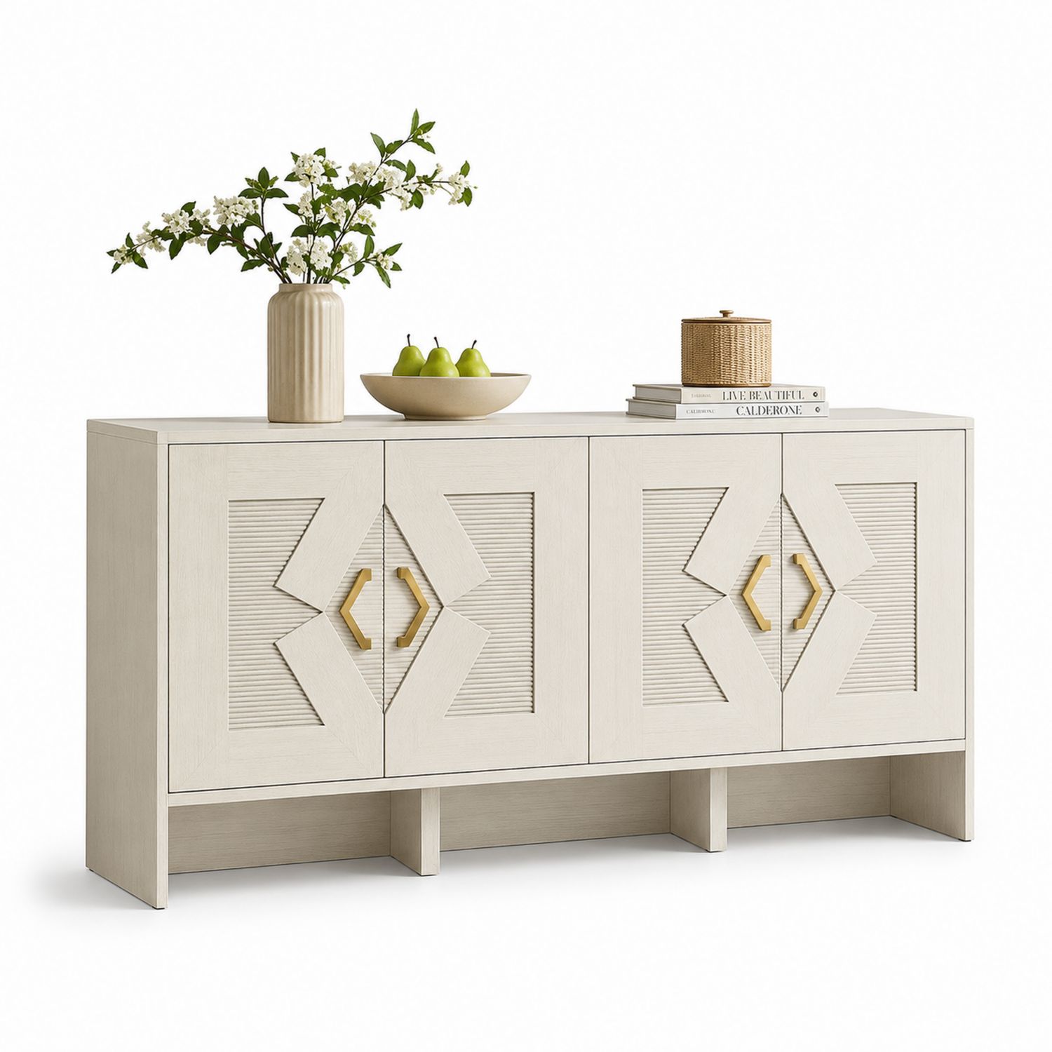 Aparador de Madera MDF y Metal 160x40x85 cm Crema