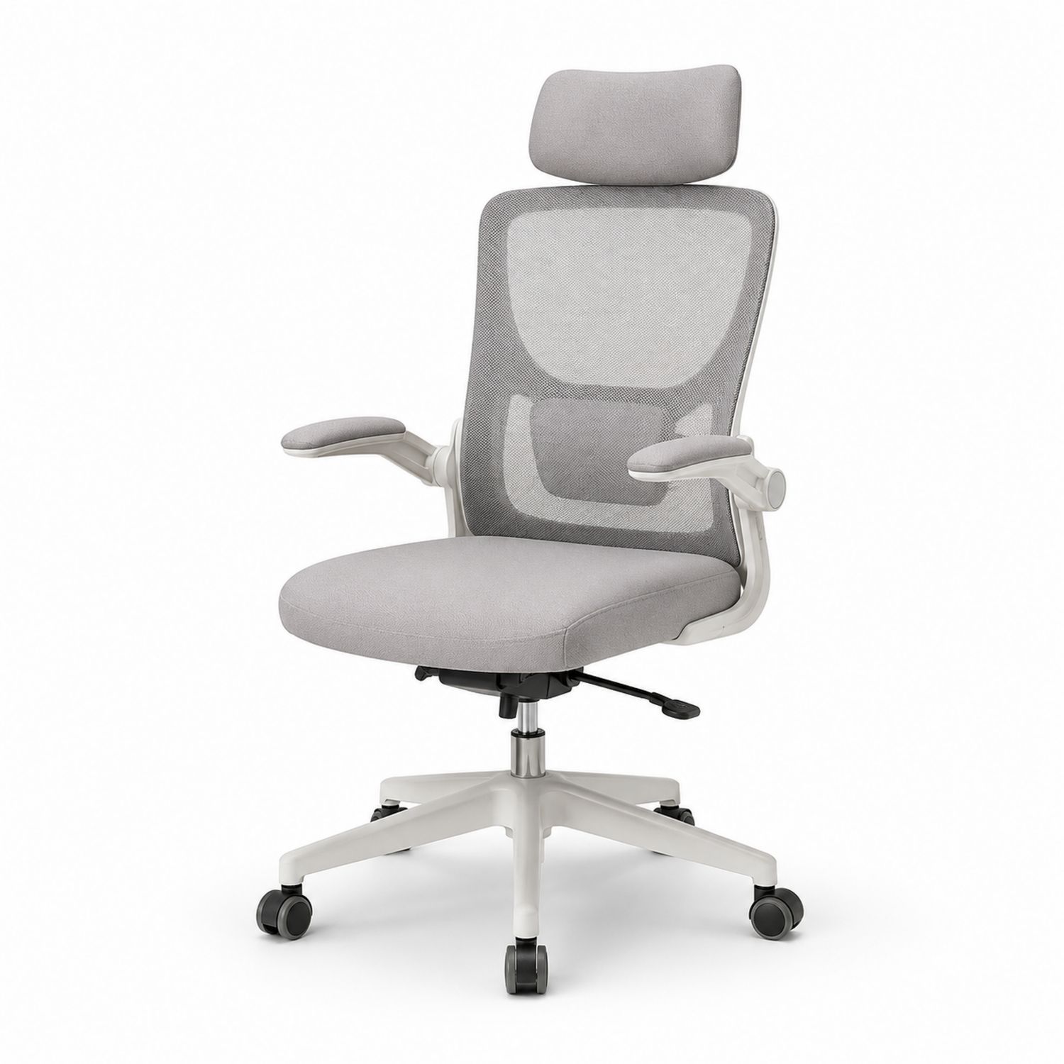 Silla de oficina de malla gris con reposacabezas