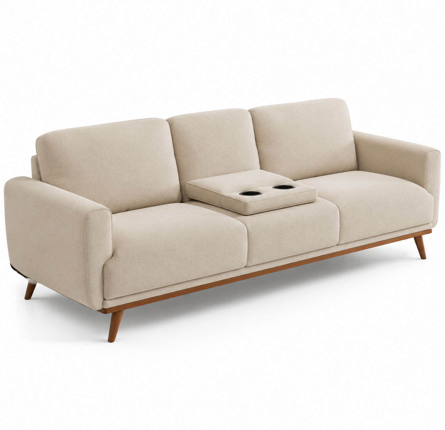 Sofá de tres plazas de tela beige con portavasos y base de madera