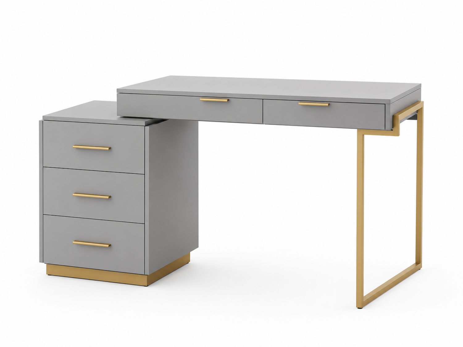 Escritorio en L con 3 cajones de MDF gris y patas metálicas doradas