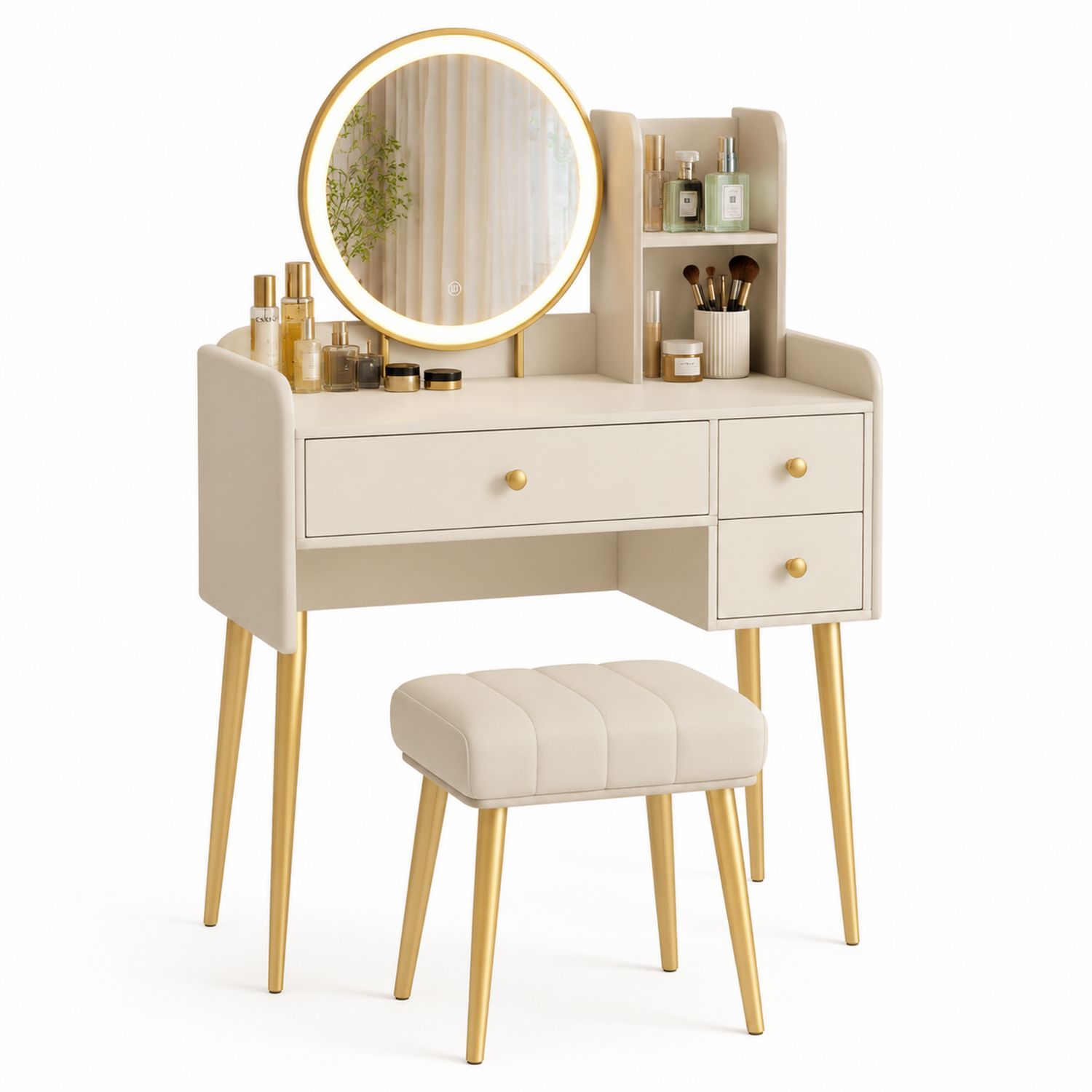 Tocador MDF con Espejo Circular y Taburete Beige/Oro
