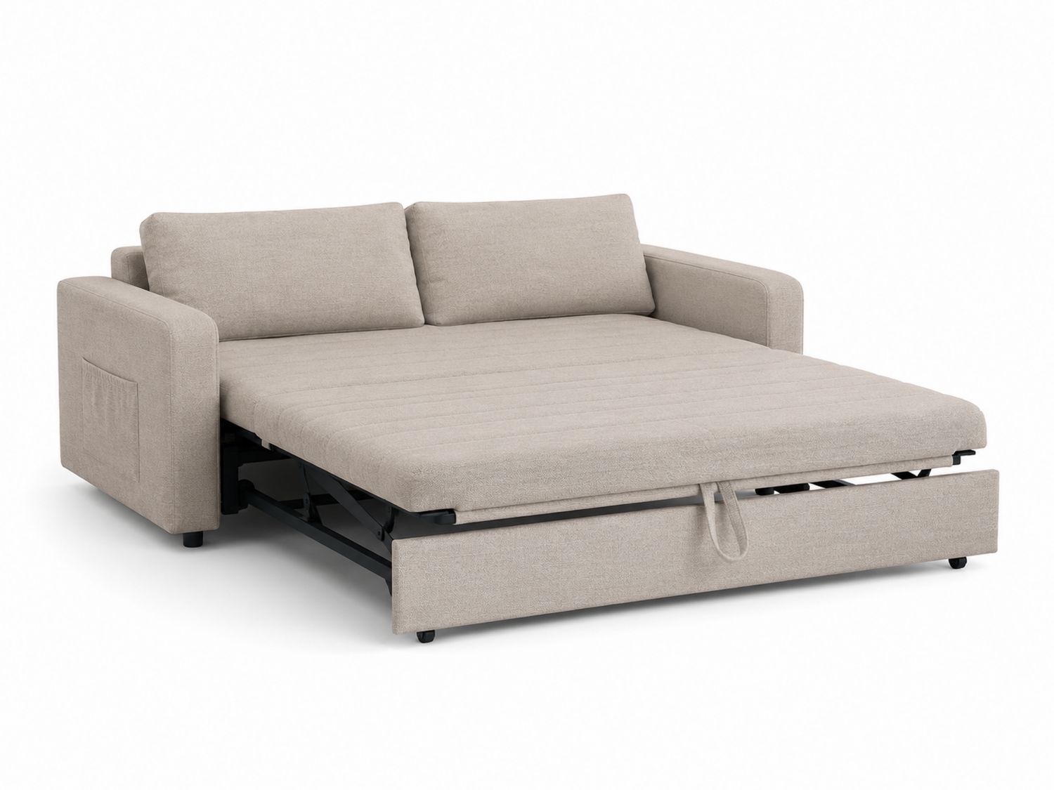 Sofá cama de tela beige con marco metálico