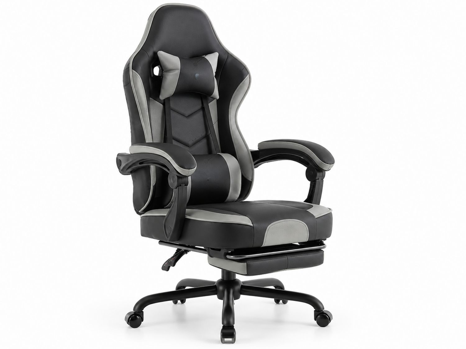 Silla de Oficina Ergonómica de Cuero Sintético Negro y Gris con Reposapiés