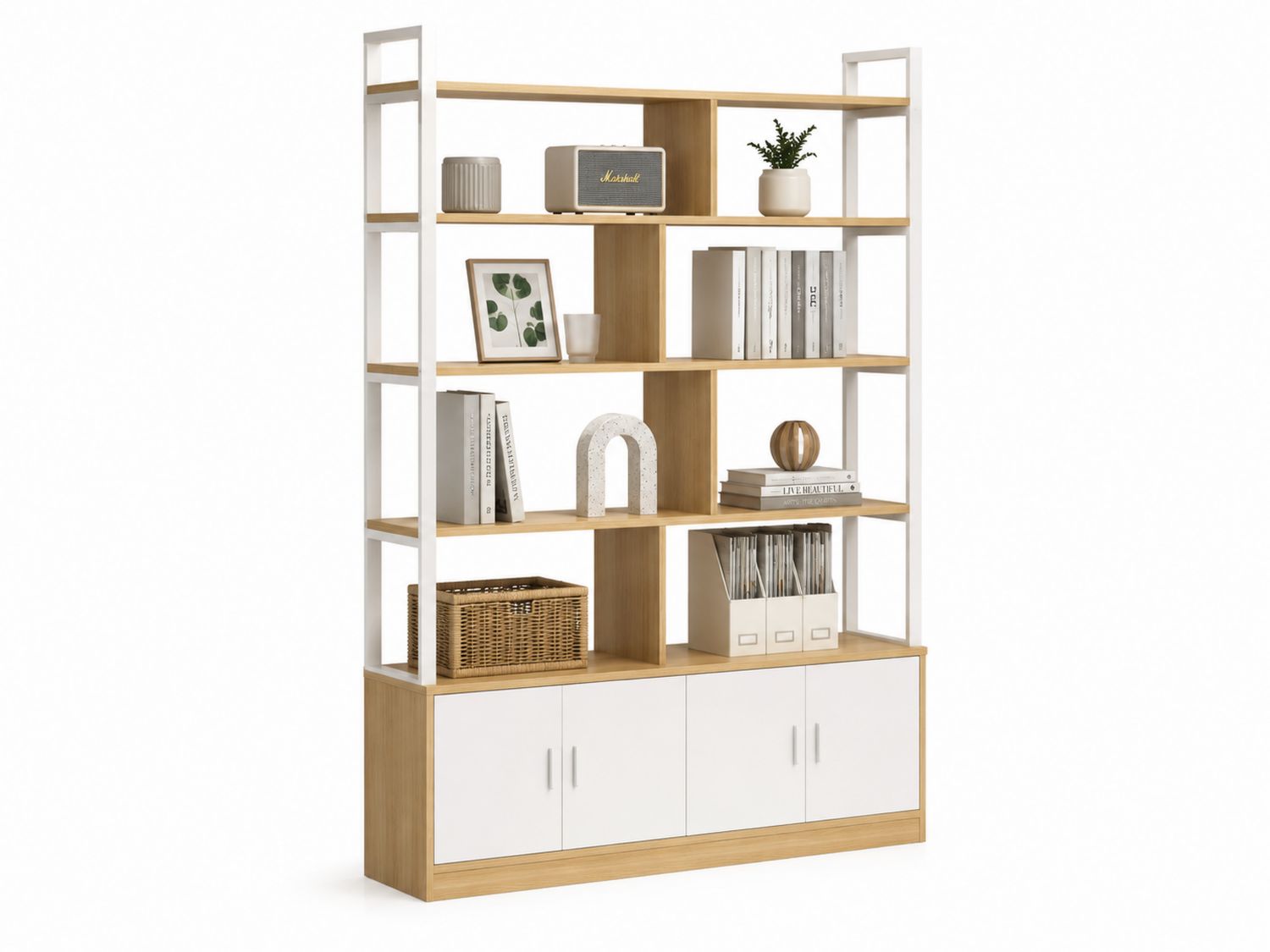 Estantería de madera y metal blanco con puertas, 180x100x30 cm