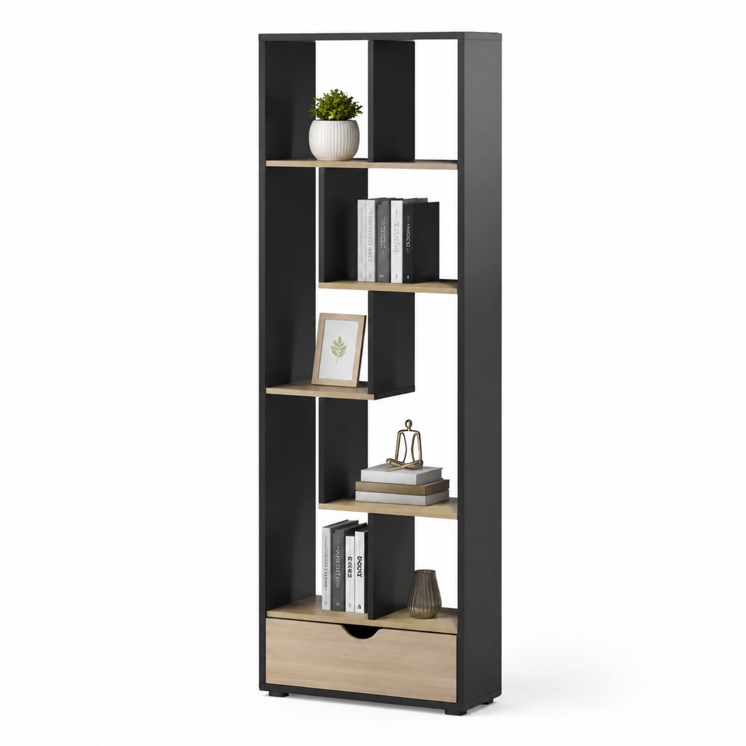 Estantería alta de MDF negro y madera natural con cajón