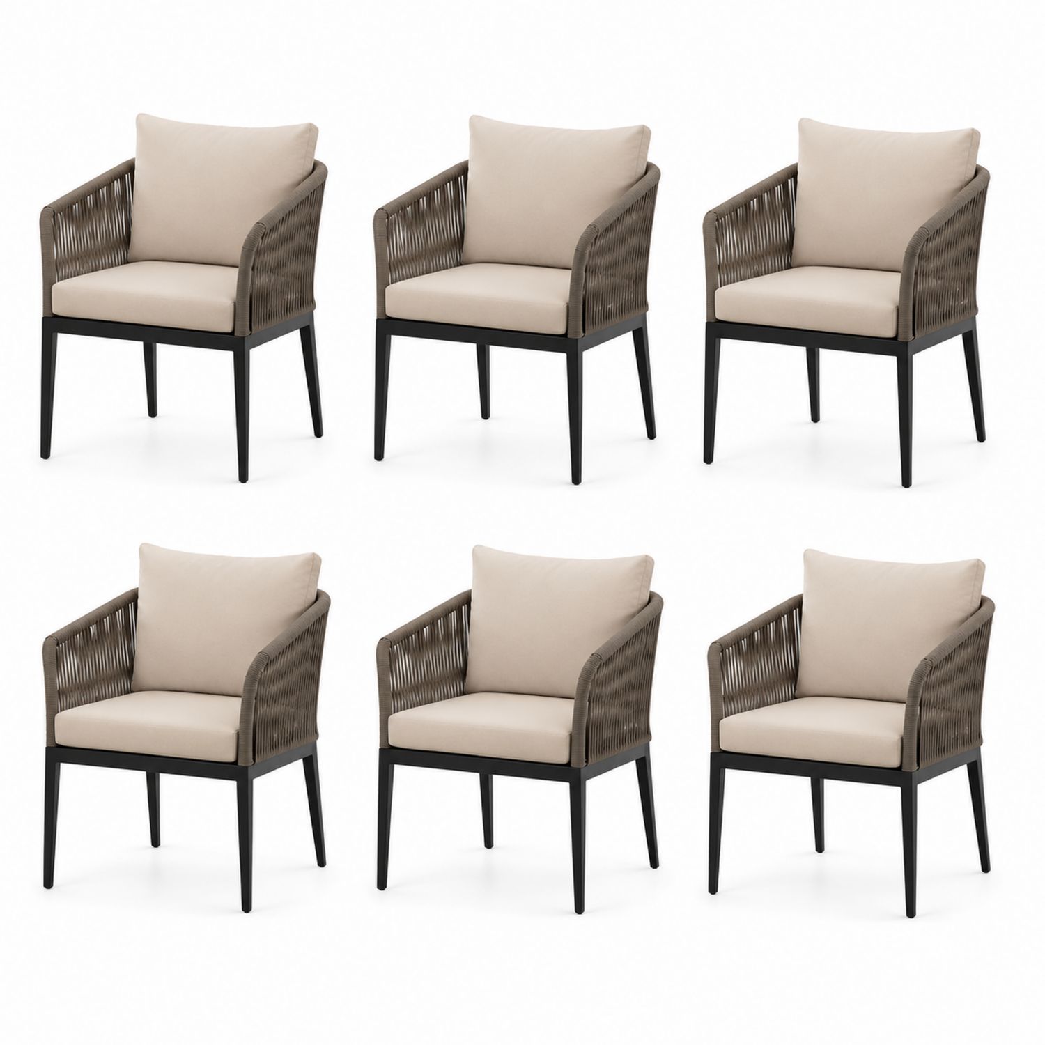 Juego de 6 sillas de aluminio y cuerda con cojines beige
