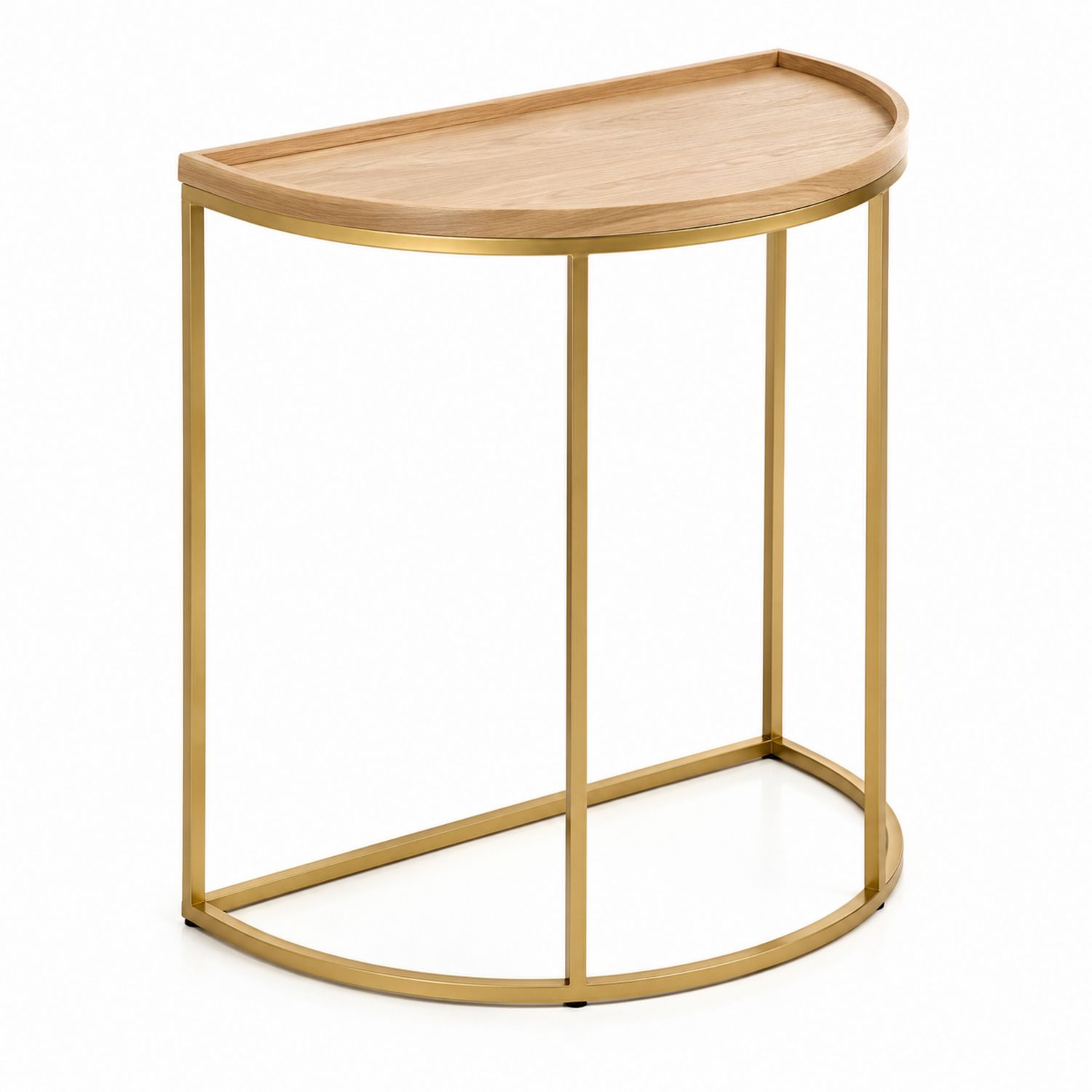 Mesa consola semicircular de madera chapada y metal dorado