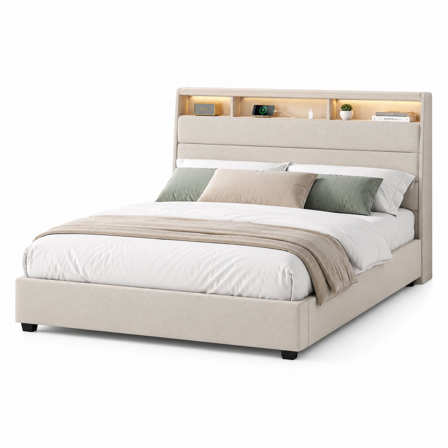 Cama de tela beige con cabecero de almacenaje 200x160 cm