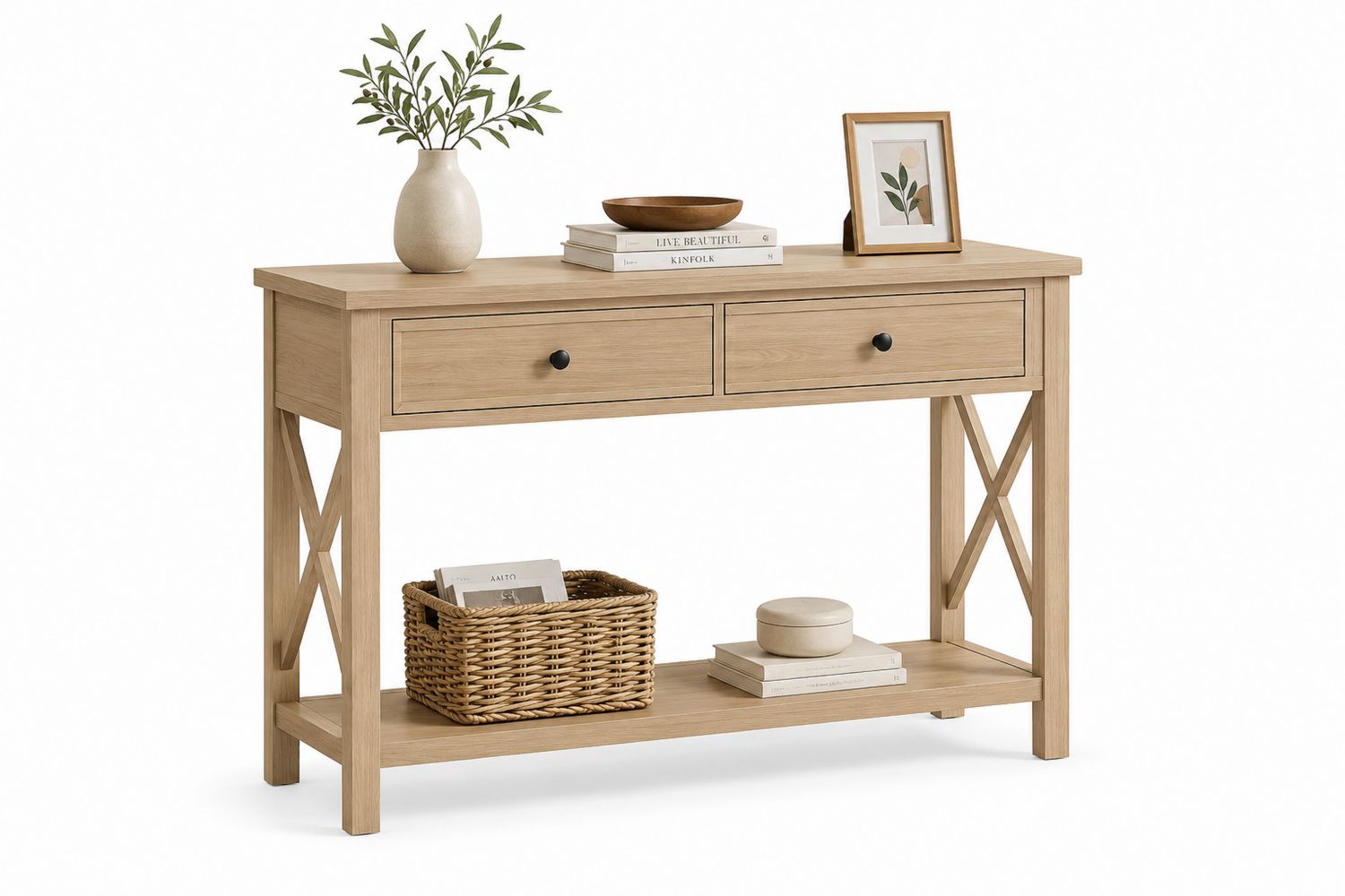 Mesa consola de madera con 2 cajones y estante color Roble