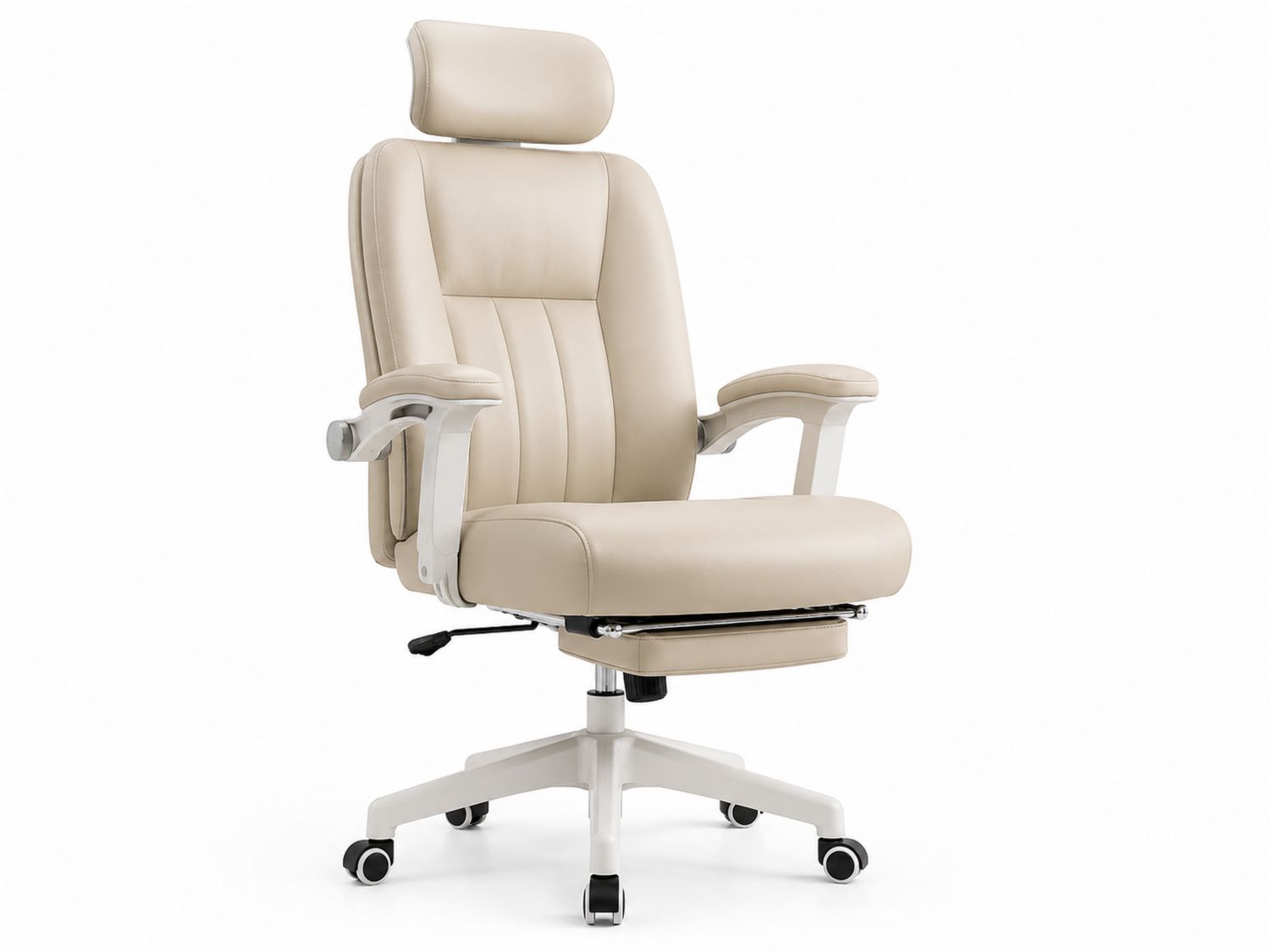 Silla de oficina de cuero sintético beige con reposacabezas ajustable