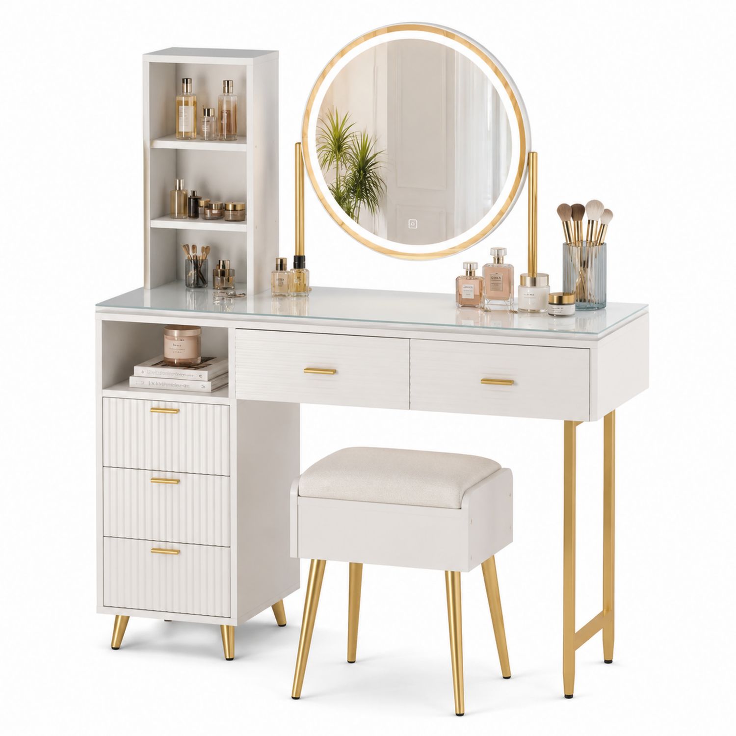 Tocador de MDF con Espejo Redondo y Taburete Acolchado, Blanco/Dorado