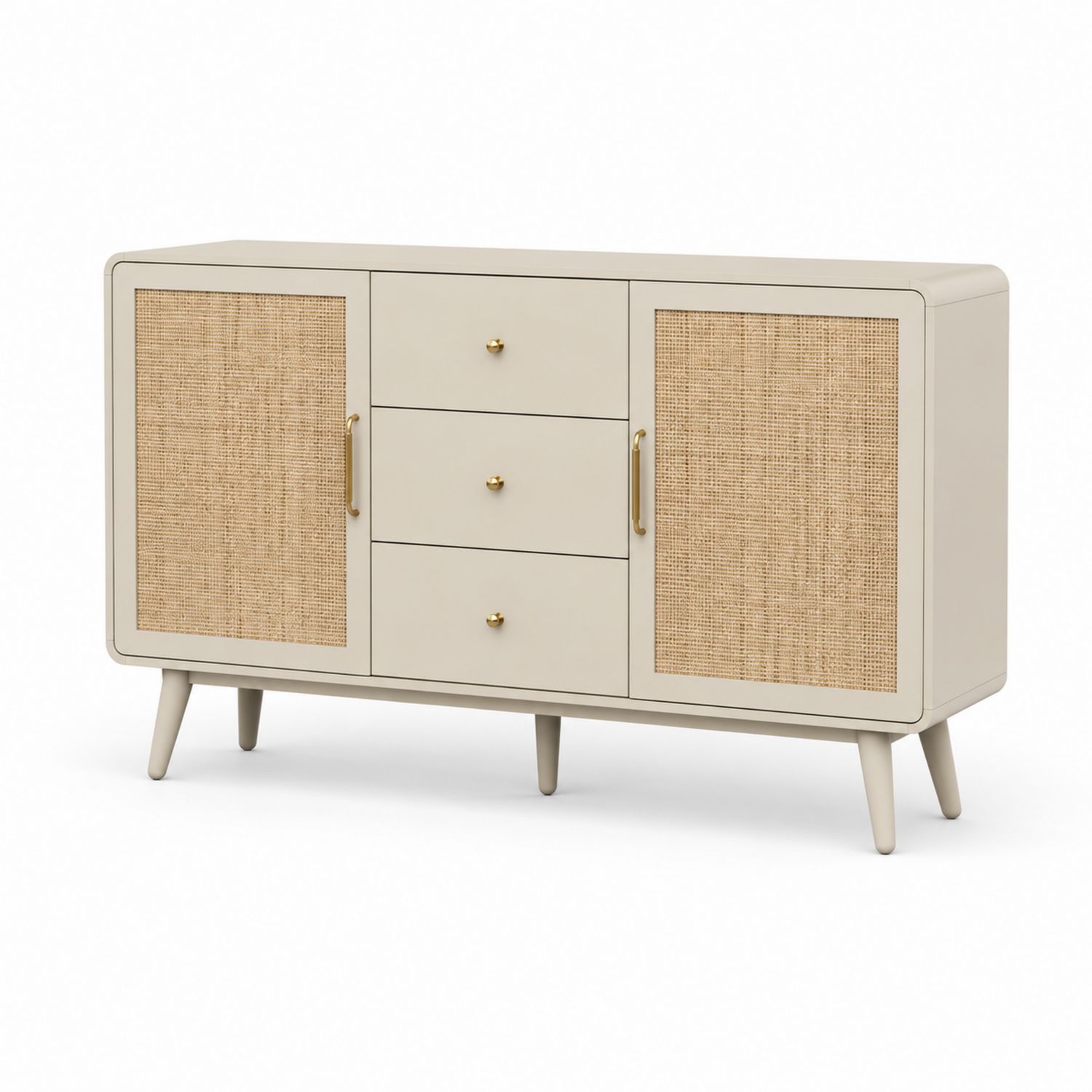 Aparador de madera MDF con puertas de ratán y tiradores de metal, 150x40x85 cm, Beige/Natural