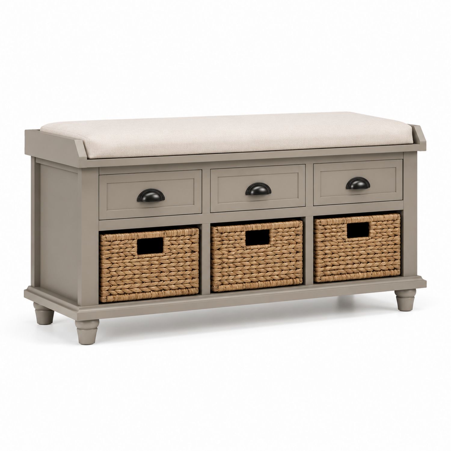 Banco de Madera Gris con Cojín Beige y Cestas de Mimbre