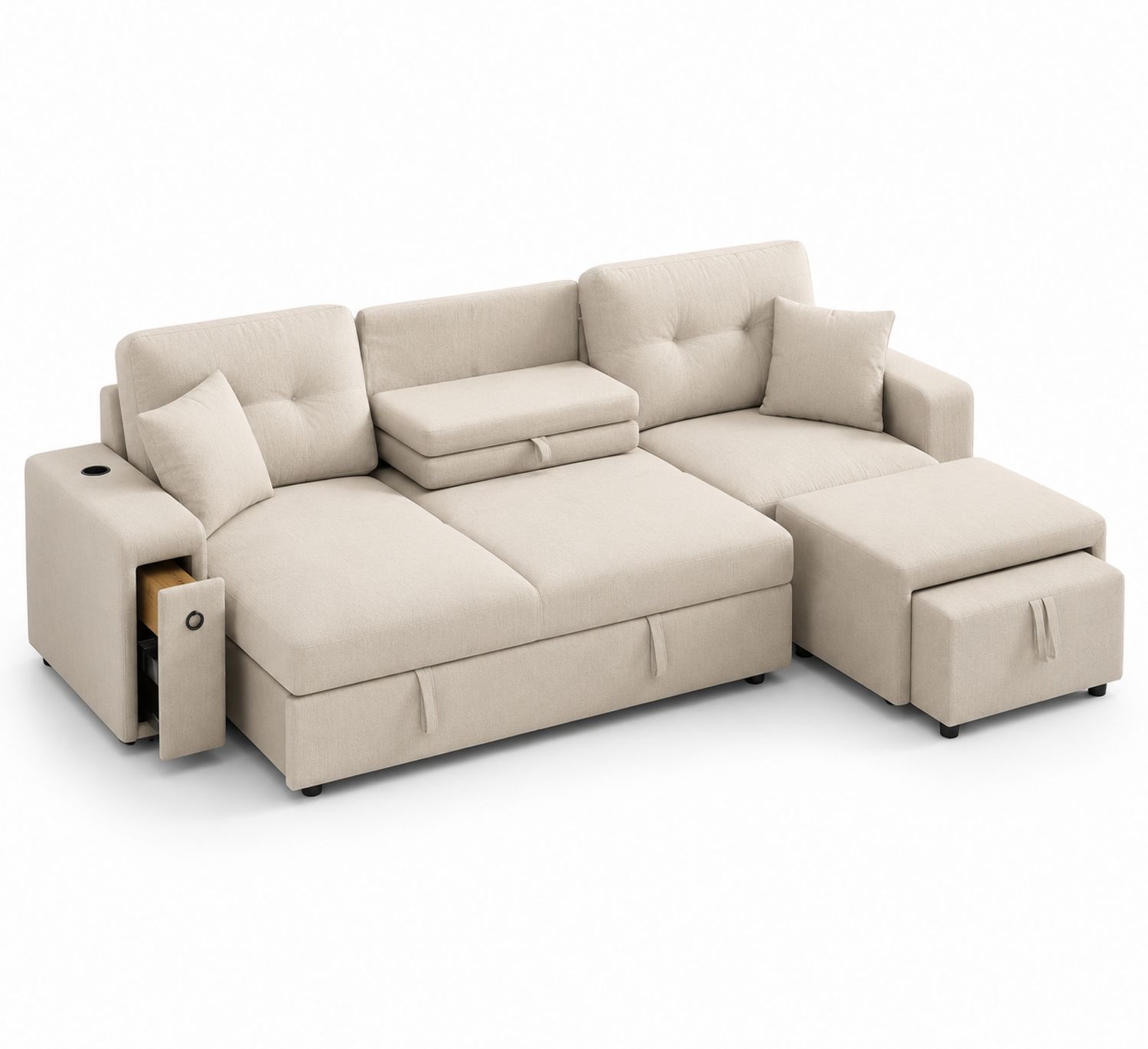 Sofá seccional de tela beige con almacenamiento y otomana