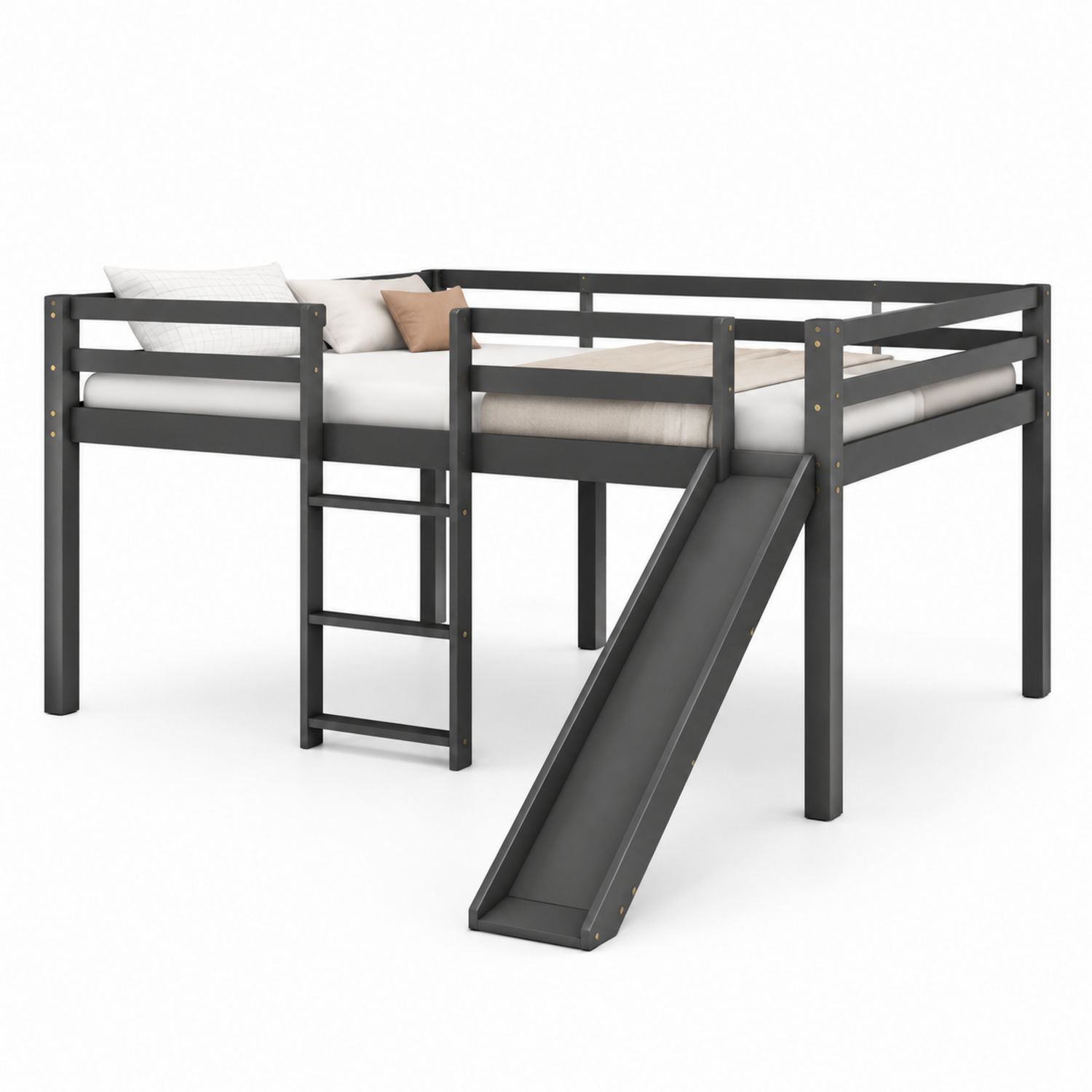 Cama alta infantil con tobogán y escalera de madera de pino gris