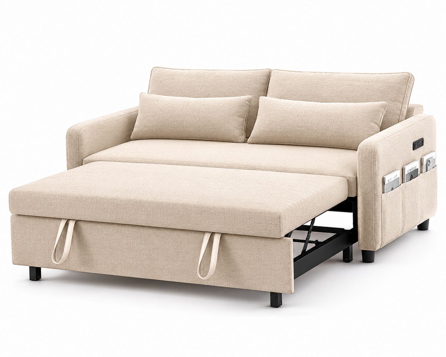 Sofá cama de lino beige con almacenamiento 200x145x88cm