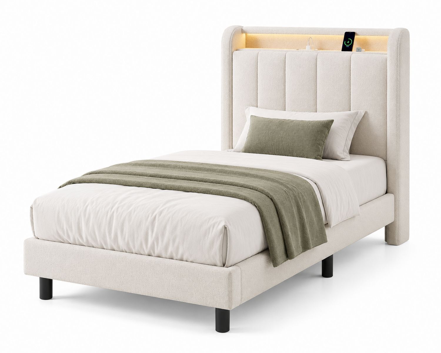 Cama individual de poliéster con cabecero LED 200x90cm Beige