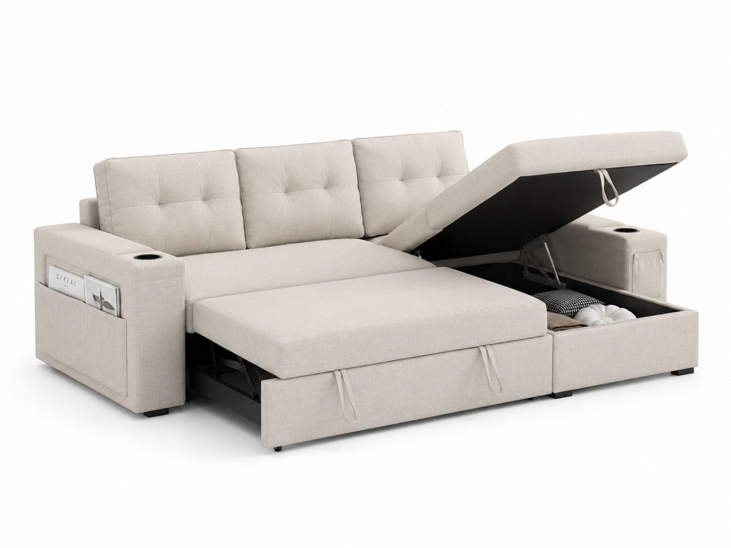 Sofá cama esquinero de poliéster beige con almacenamiento y chaise longue