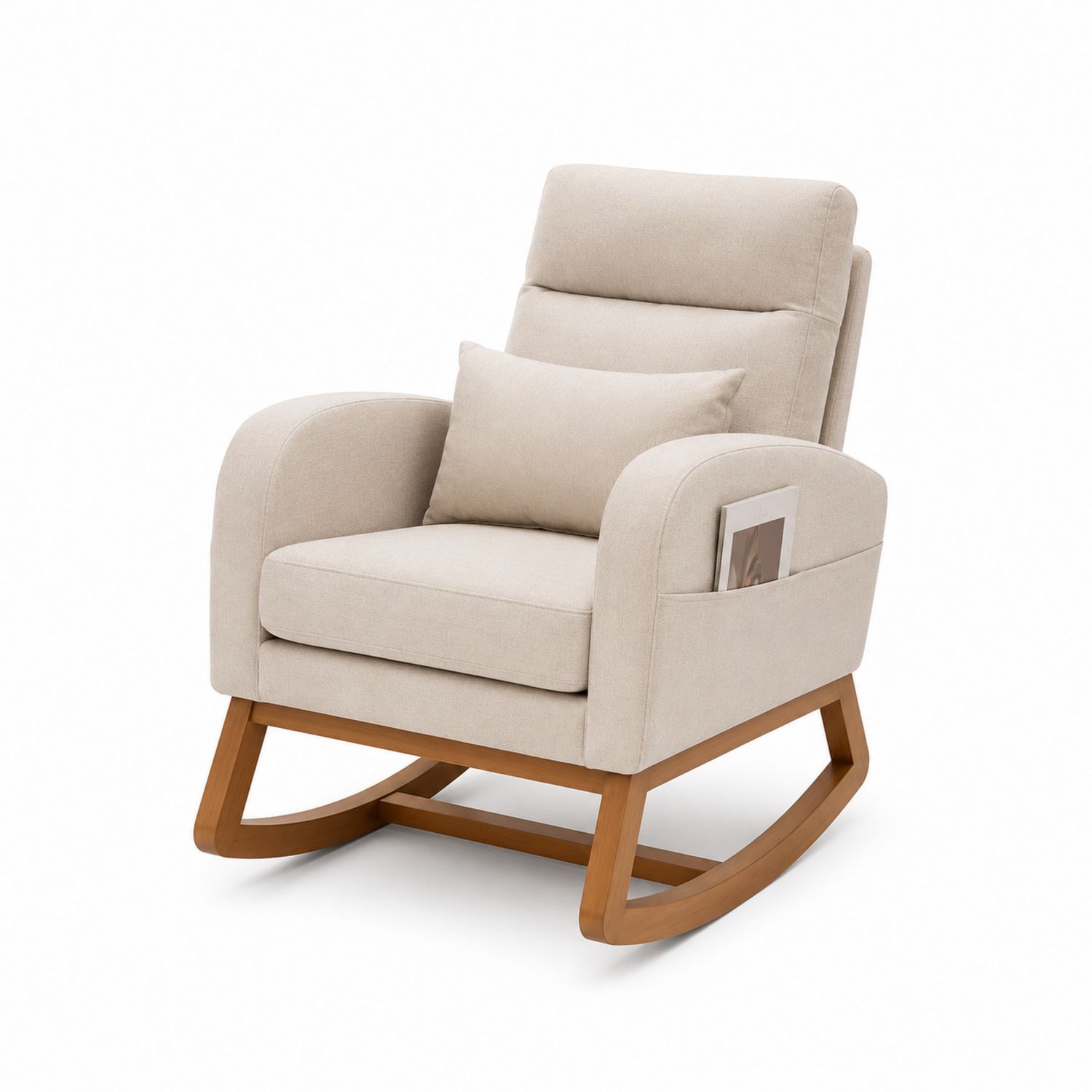Silla mecedora de tela beige con cojín y estructura de madera