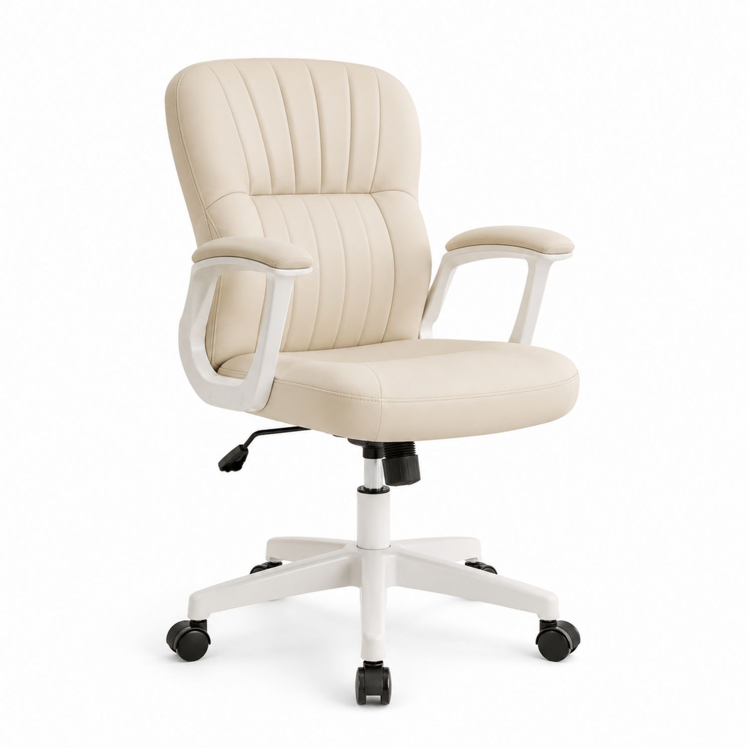 Silla de Oficina de Cuero PU Beige con Base de Plástico Blanca