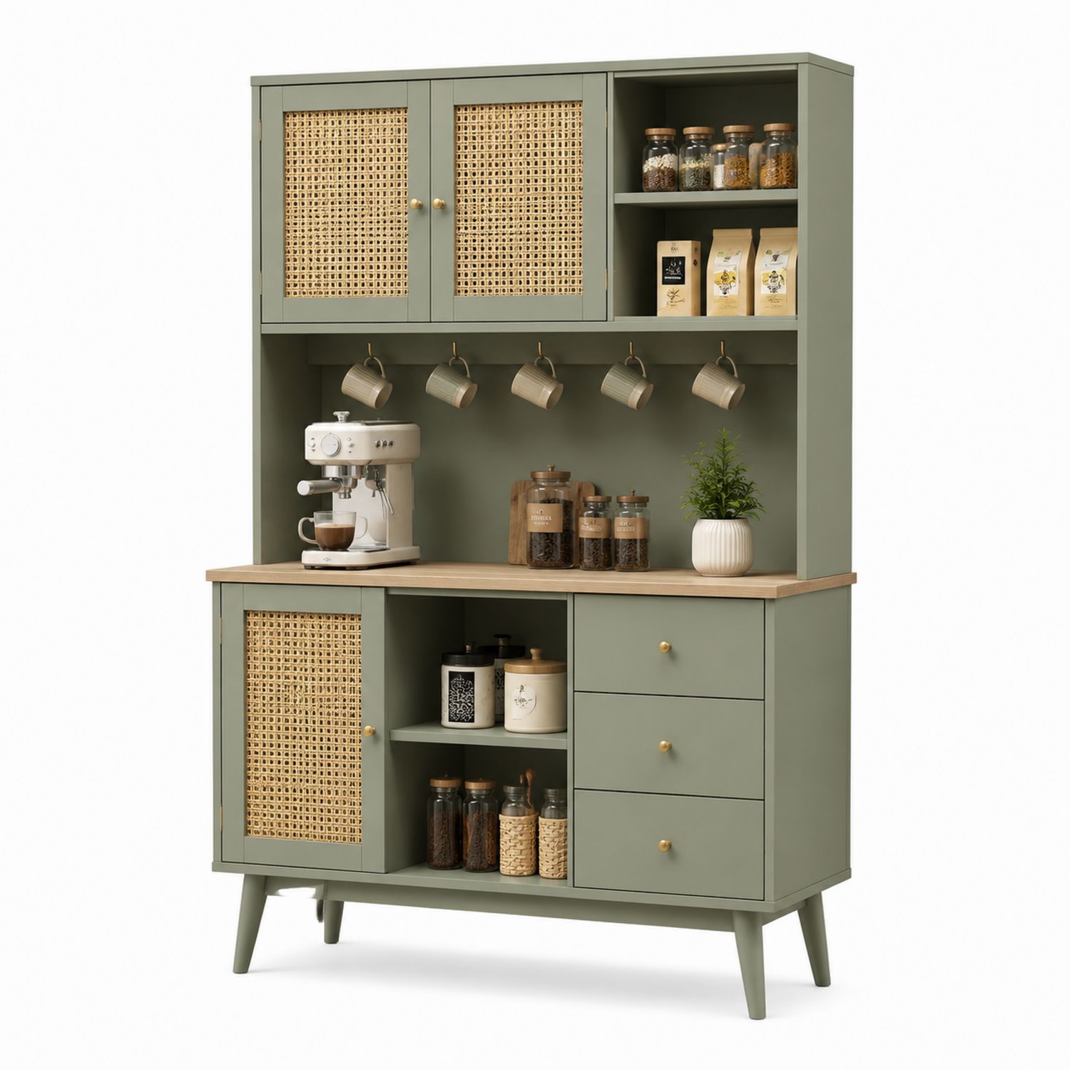 Aparador Verde de MDF con Puertas de Mimbre y 3 Cajones