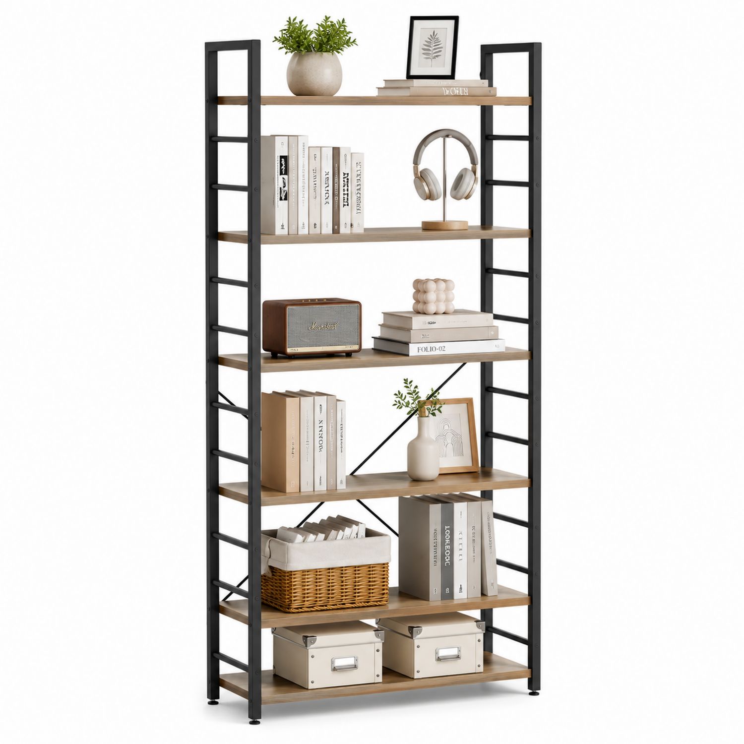 Estantería de metal y madera 5 niveles 180x90x35 cm Negra