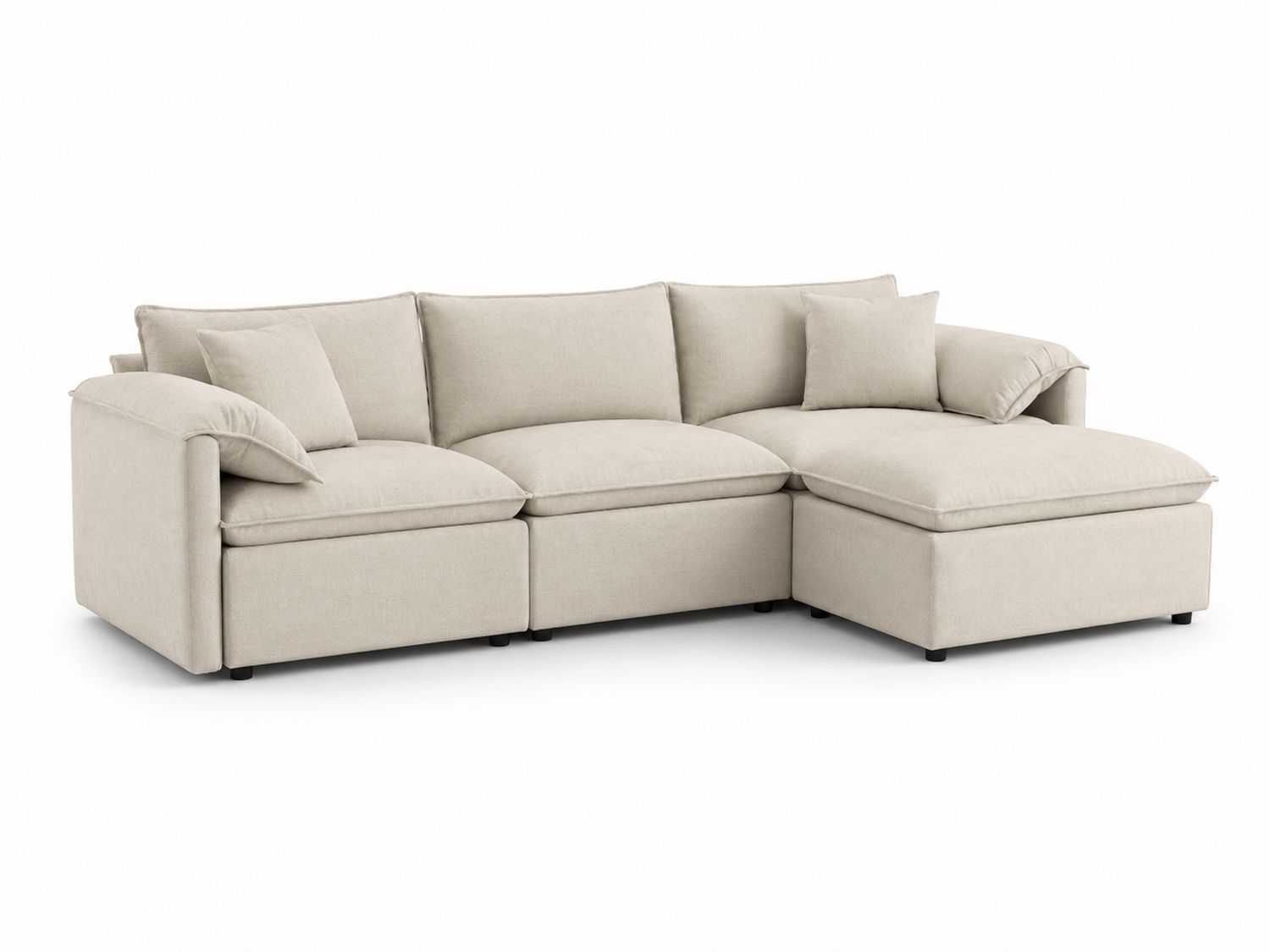 Sofá seccional de esquina en lino blanco crema con chaise longue y cojines