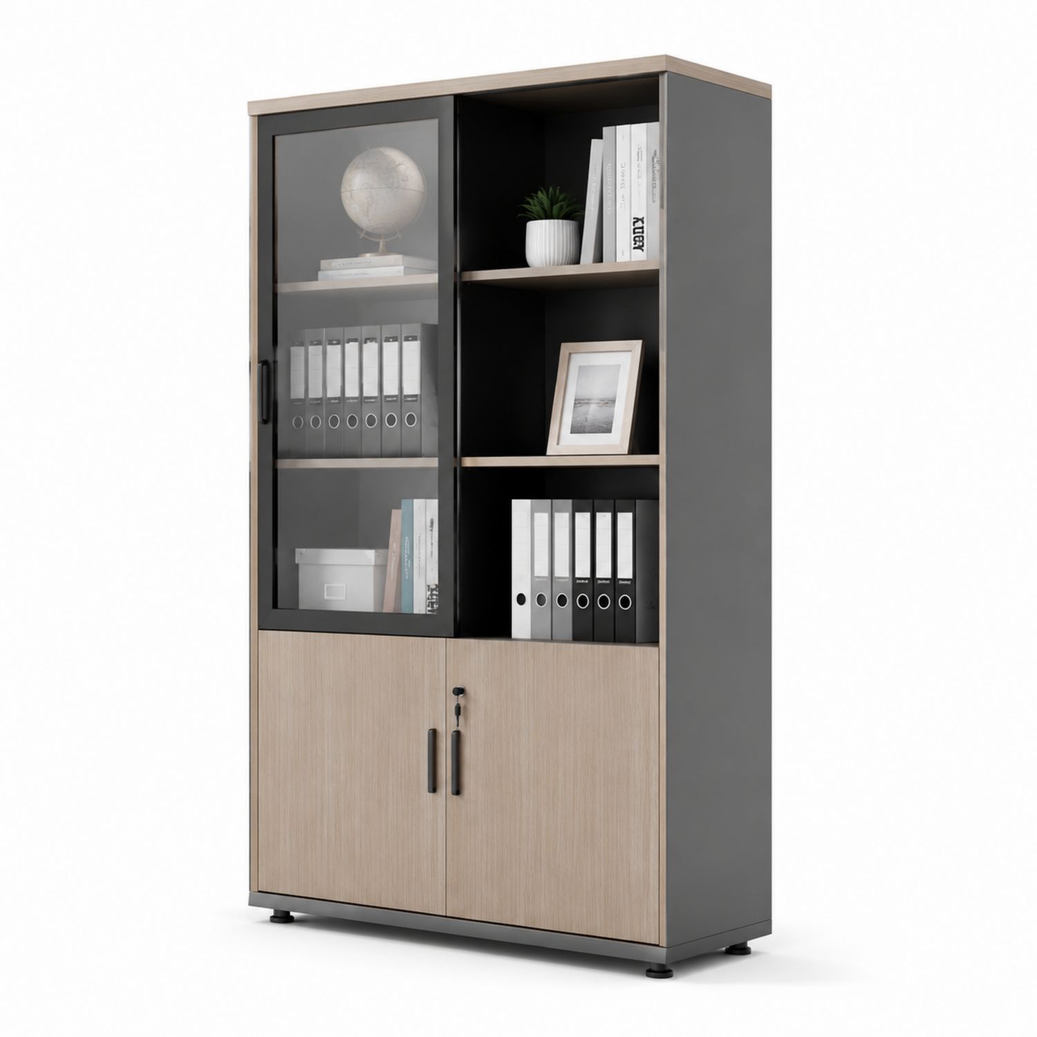 Archivador de Metal y MDF con Puertas de Vidrio 180x90x40 cm Negro/Madera