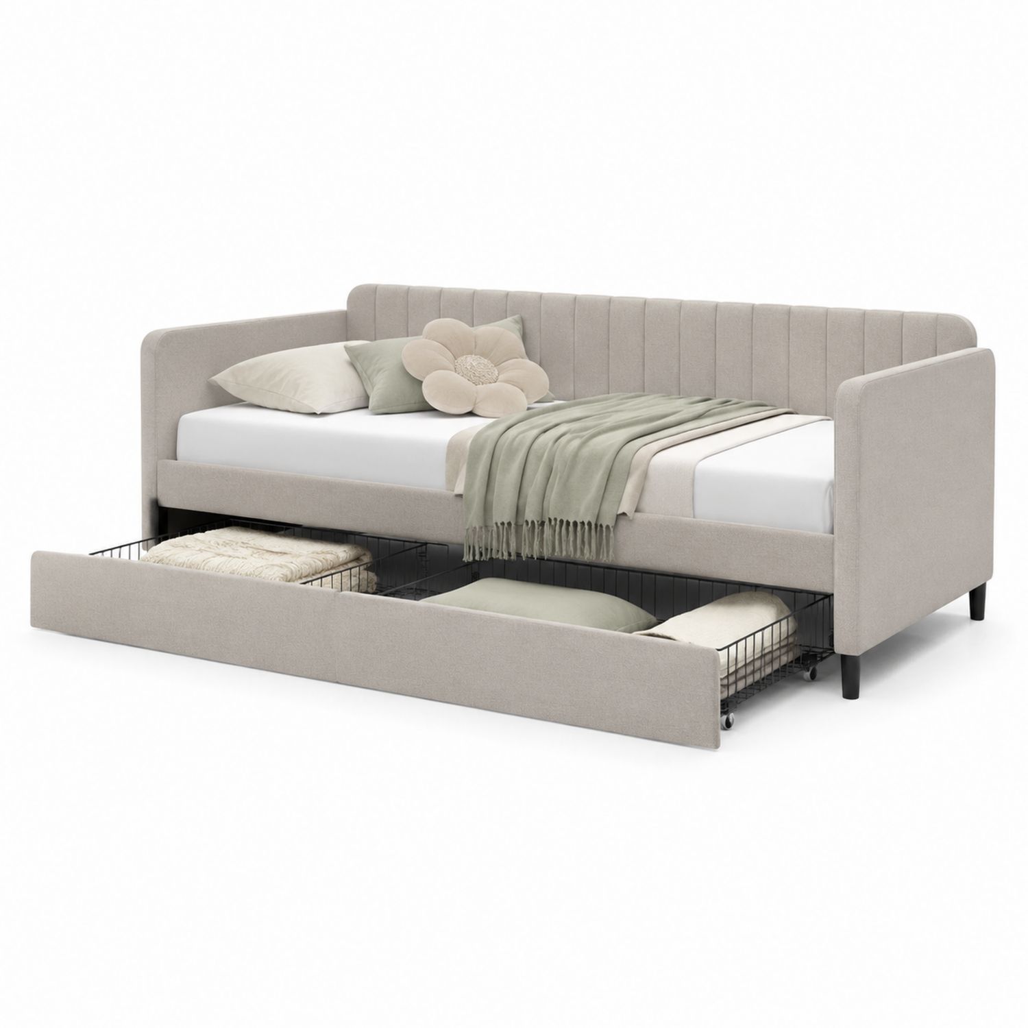 Cama nido tapizada de tela beige con almacenamiento 200x90 cm