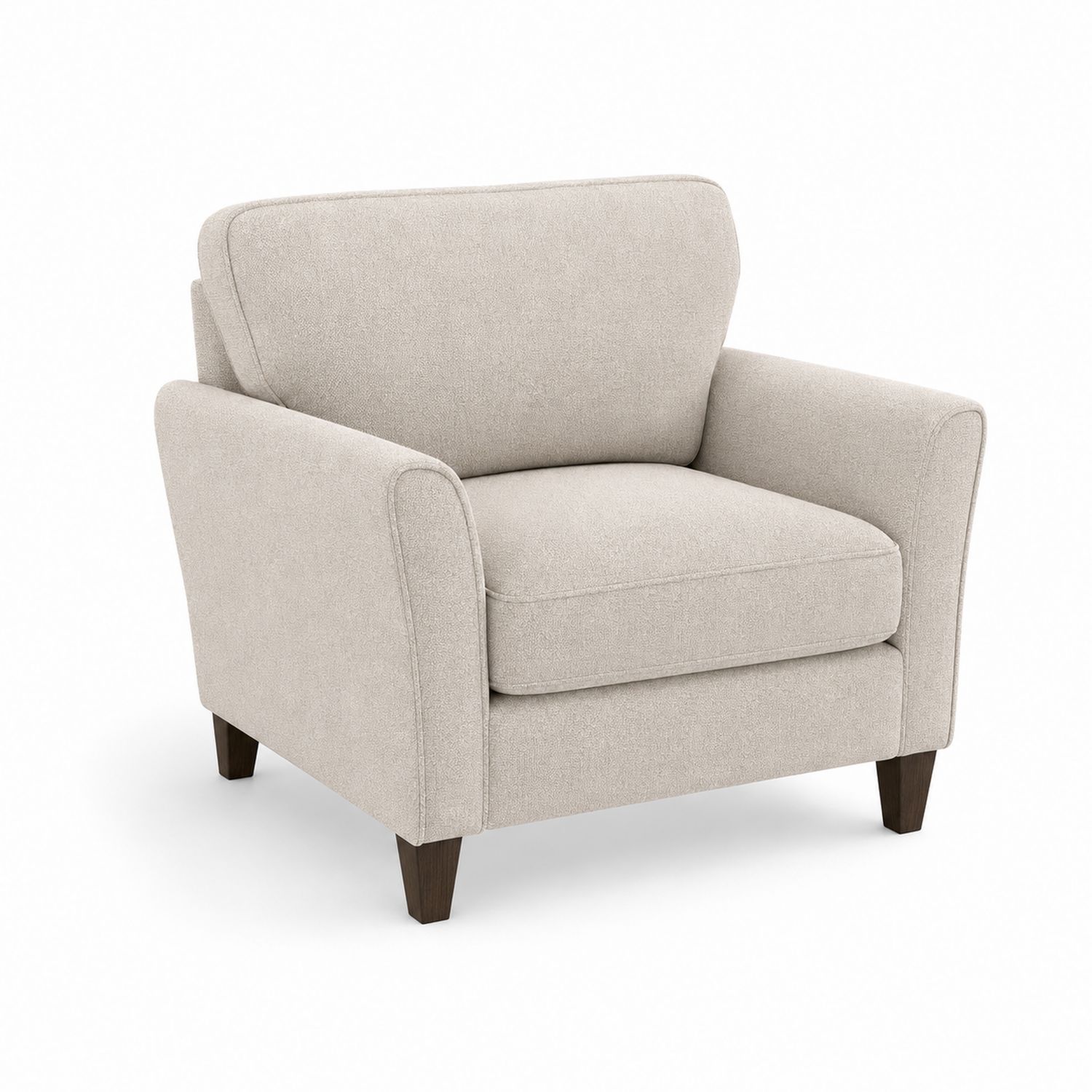 Sofá individual de tejido beige con patas de madera