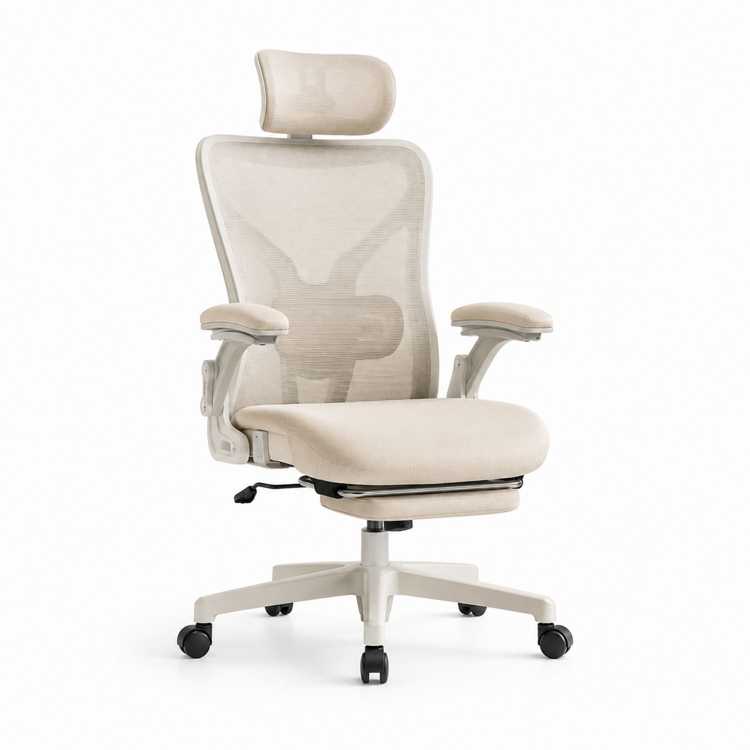 Silla ergonómica de oficina de malla beige con reposacabezas
