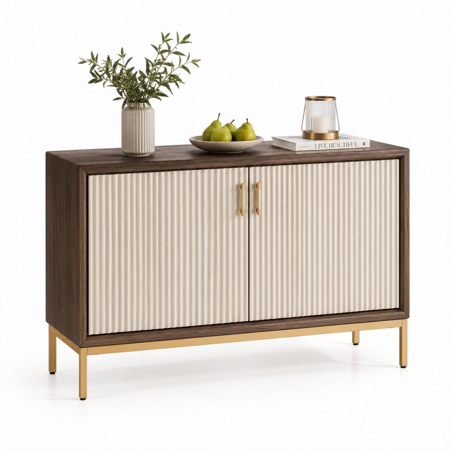 Aparador de Madera y Acero Inoxidable con Base Dorada 80x120x40 cm