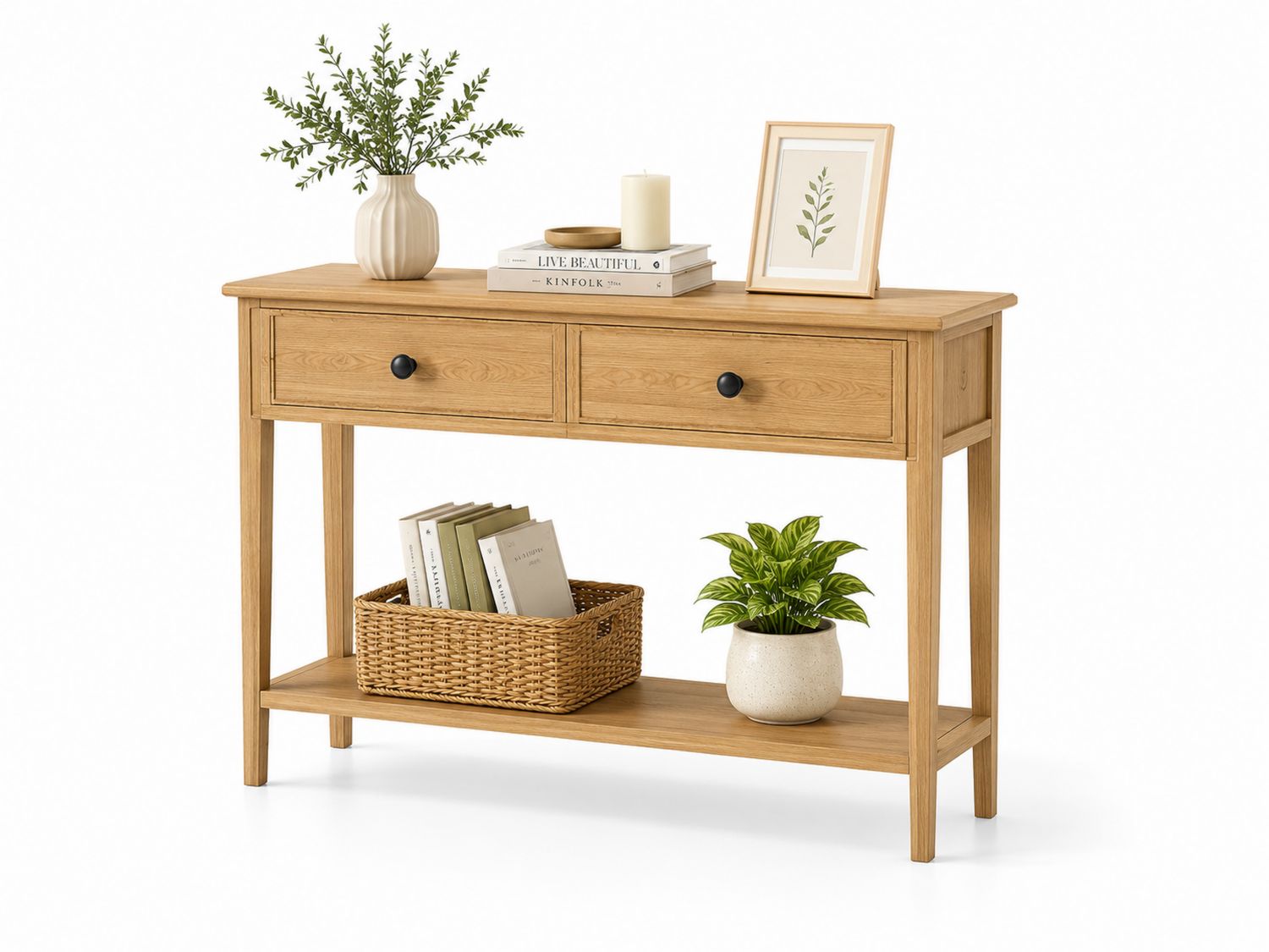Mesa consola de madera de roble con estante y cajones