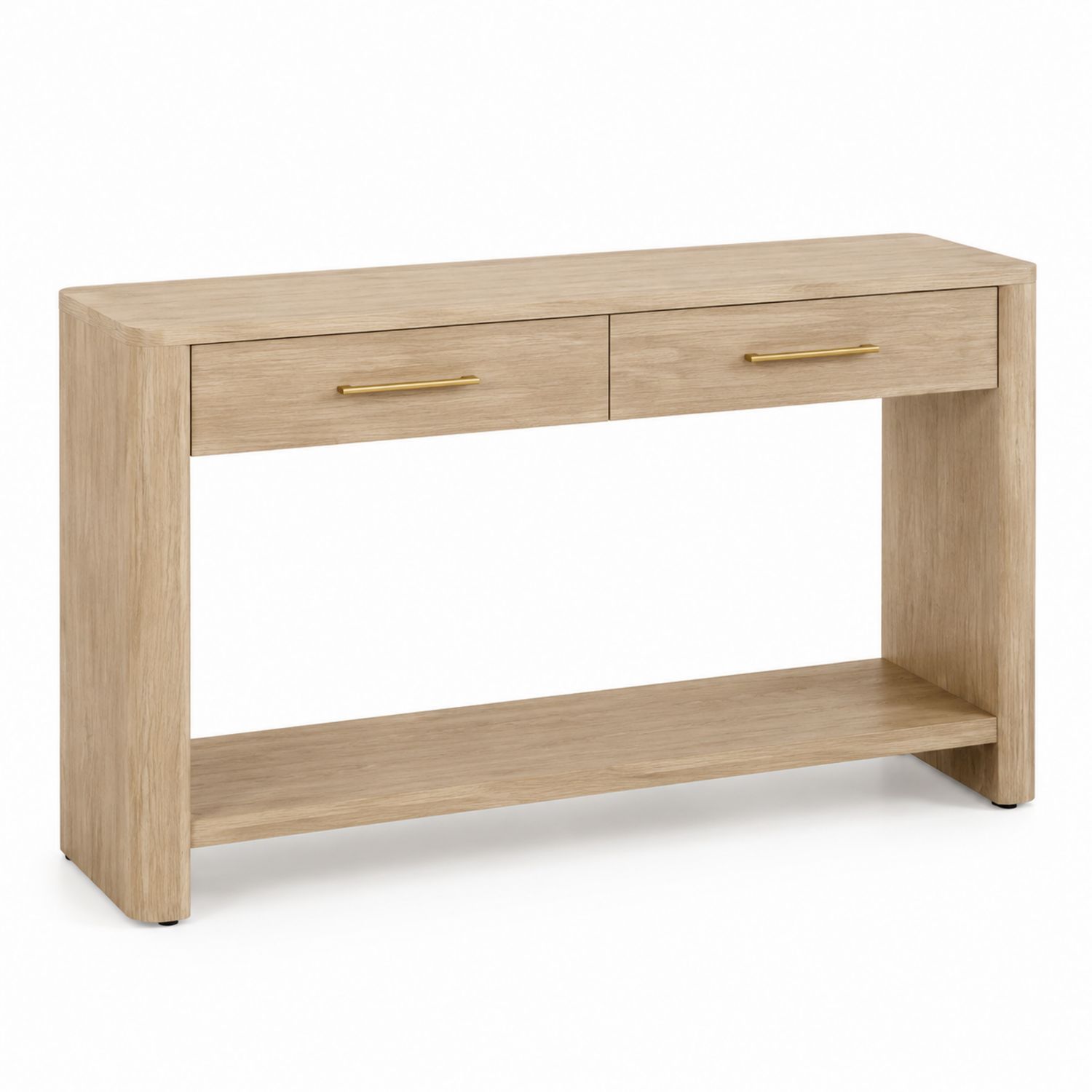 Mesa consola de madera con cajones y estante en Roble