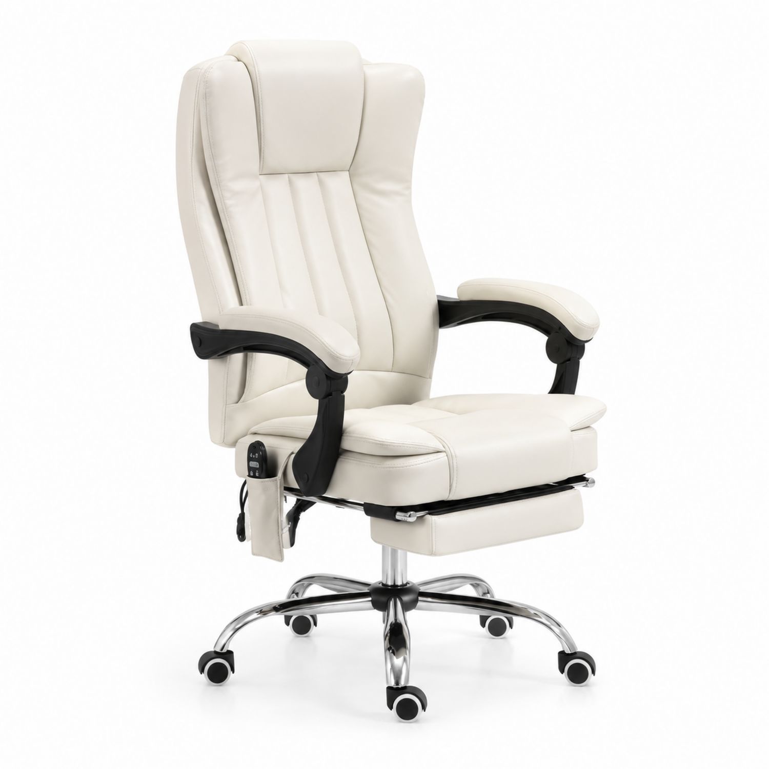 Silla de oficina de cuero sintético beige con reposapiés y base metálica