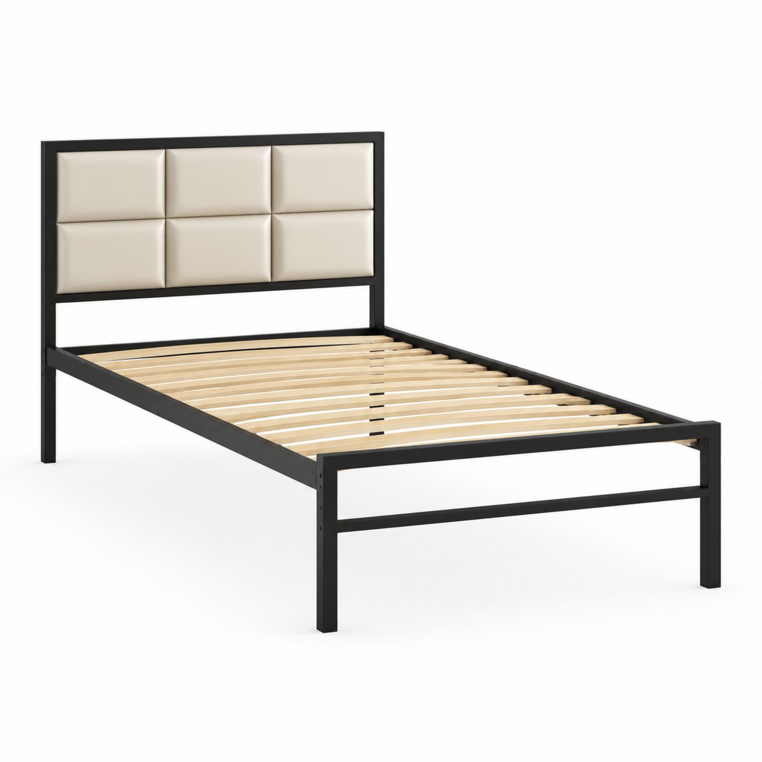 Cama individual de metal con cabecero tapizado en cuero sintético Negro/Beige