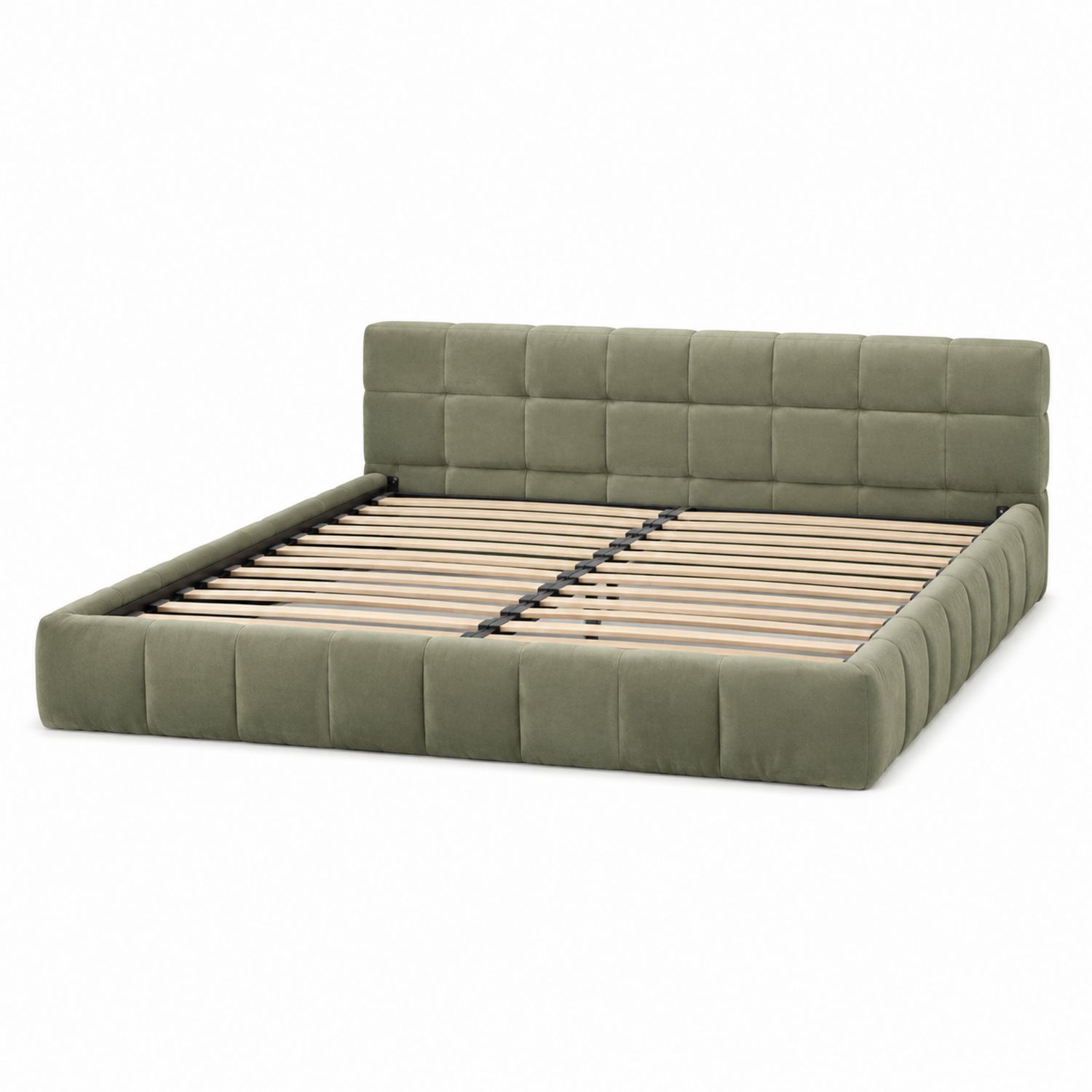 Cama de plataforma tapizada en terciopelo verde