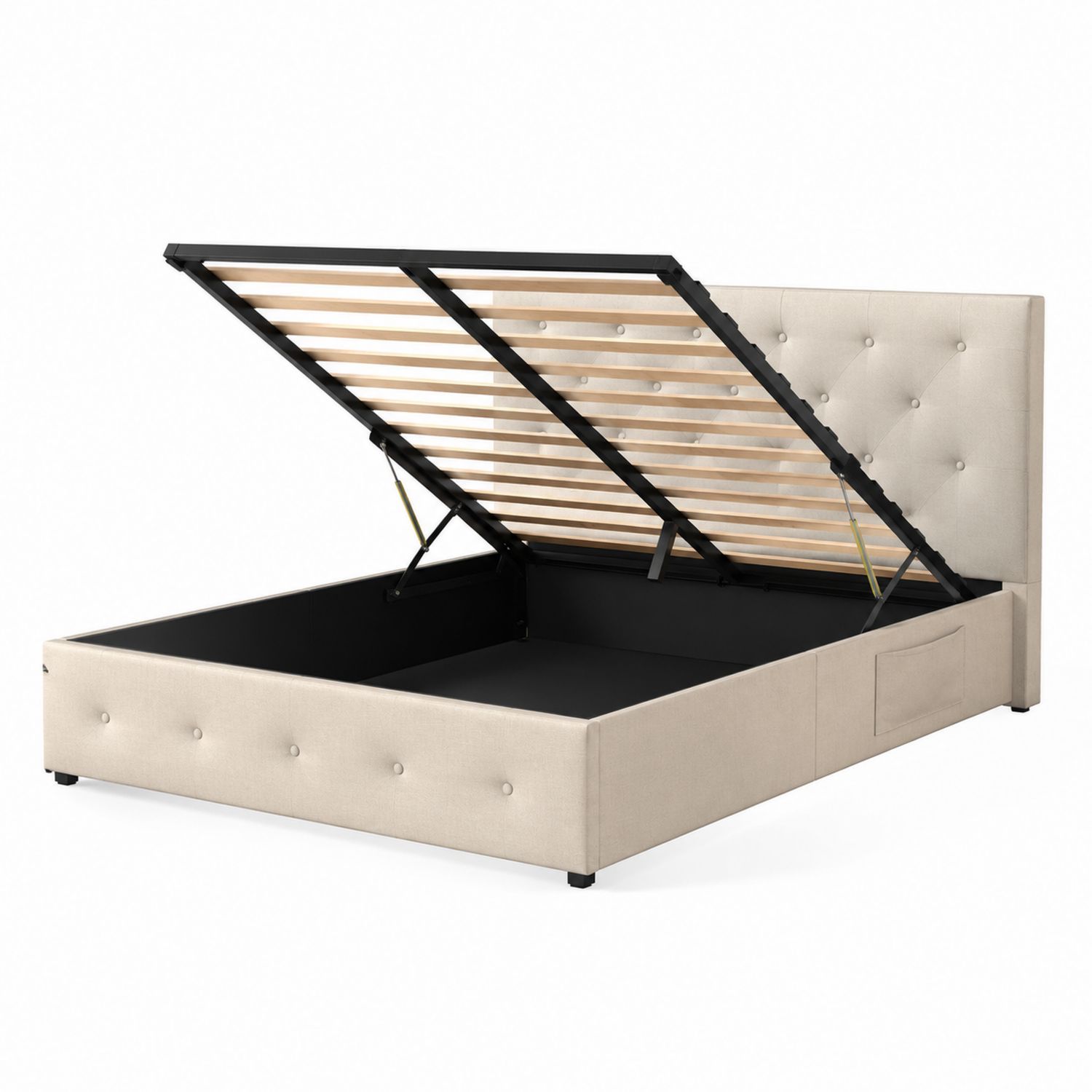Cama Tapizada con Almacenamiento Hidráulico de Madera y Acero Beige 200x160 cm