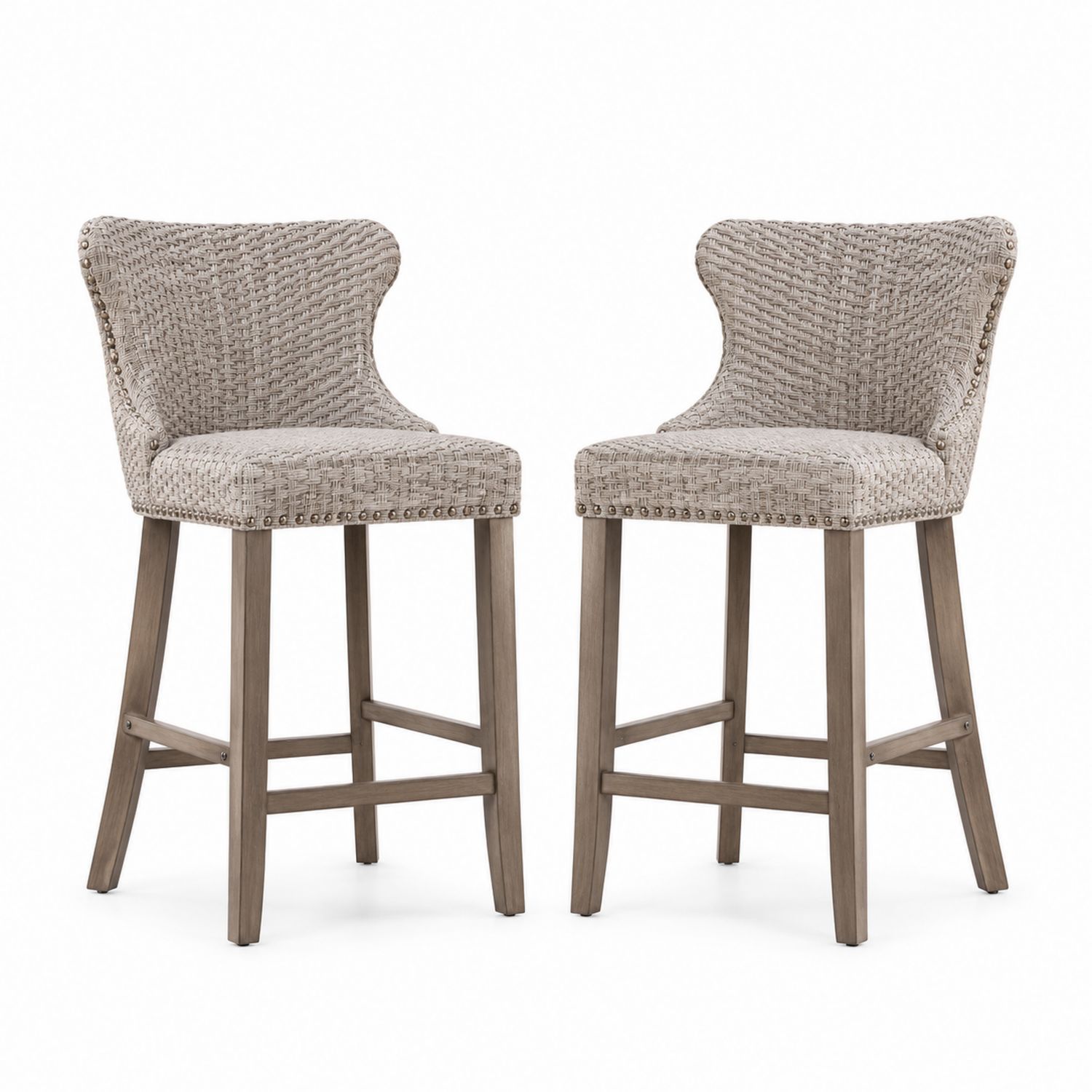 Juego de 2 taburetes de bar de madera y tejido gris