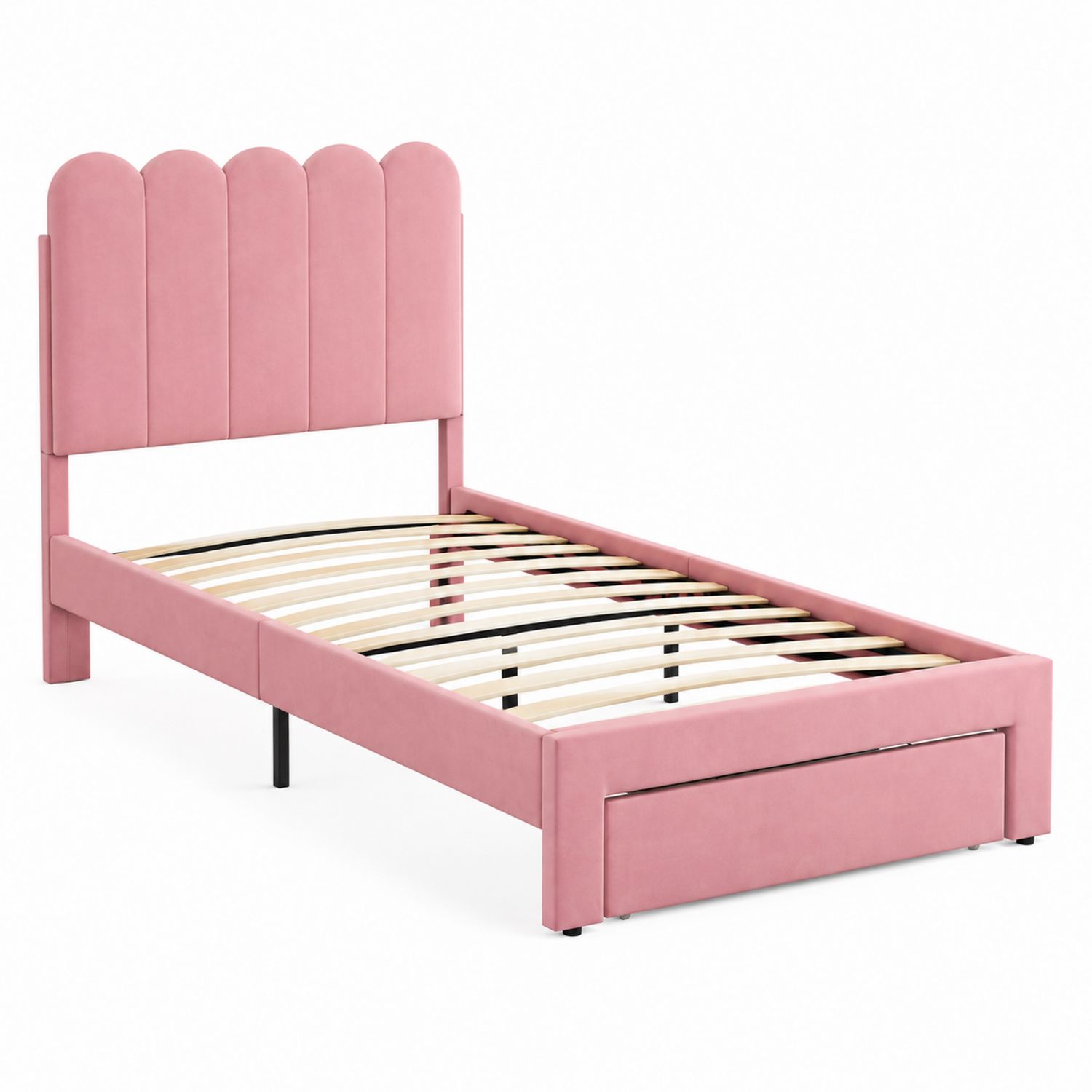 Cama individual de terciopelo rosa con cabecero curvo