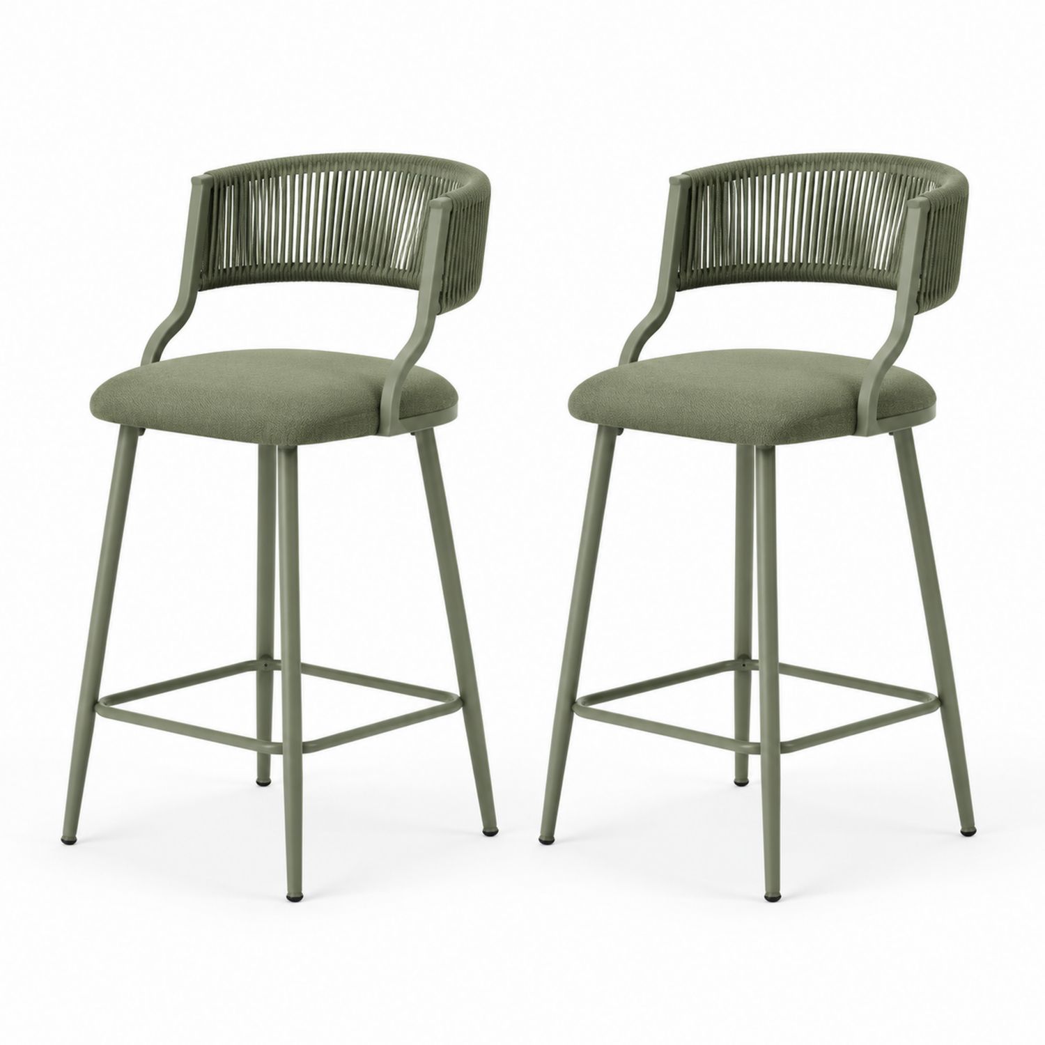 Juego de 2 Taburetes de Metal con Respaldo de Cuerda, Verde