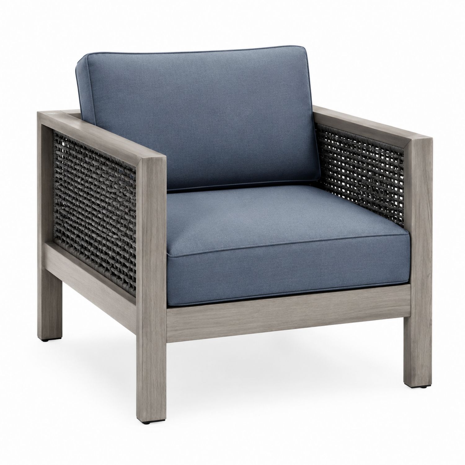 Sillón de exterior de madera y cojines de poliéster azul