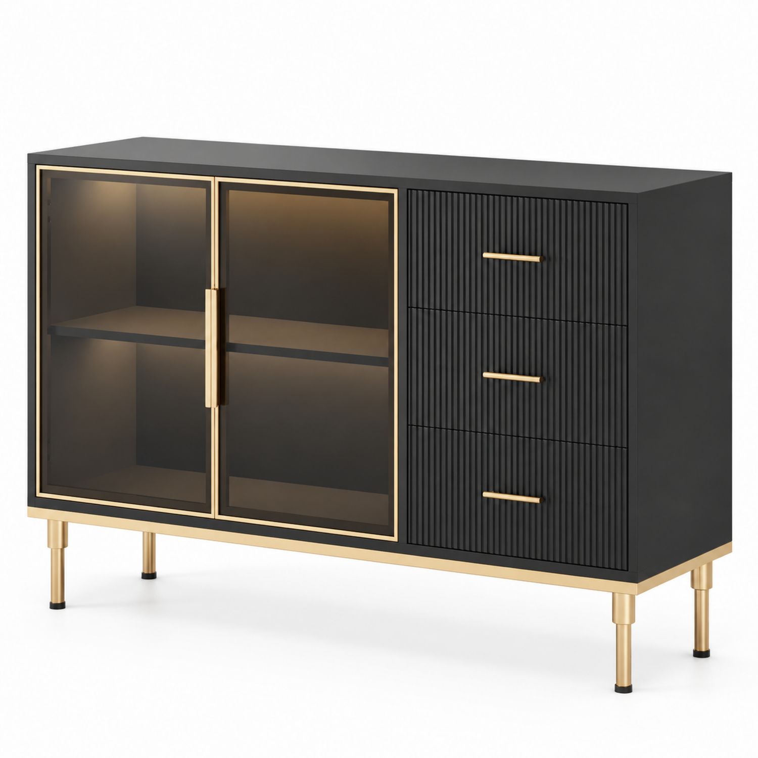 Aparador de MDF con Vidrio Templado y Acero 120x40x85 cm Negro/Dorado