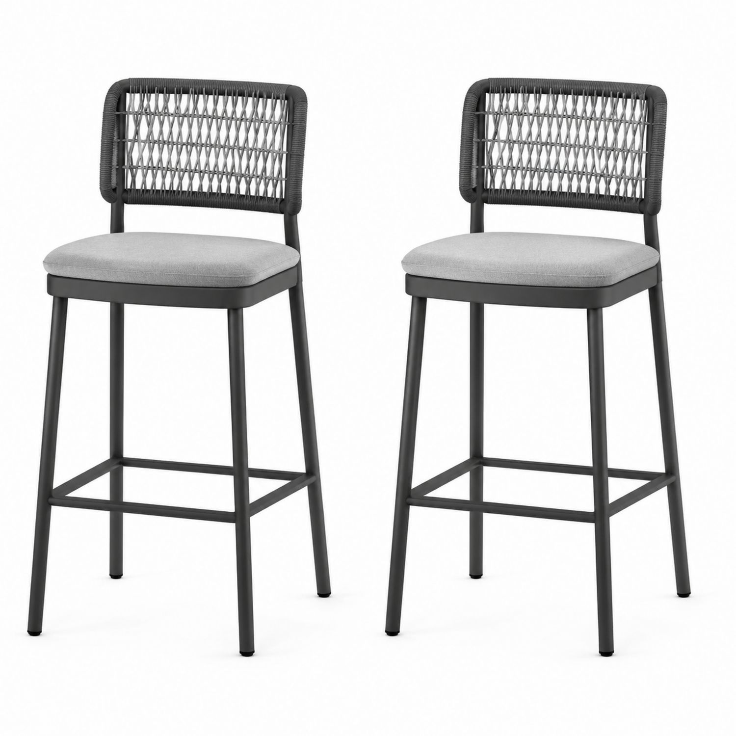 Set de 2 taburetes de bar con respaldo tejido y asiento de tela, estructura de metal