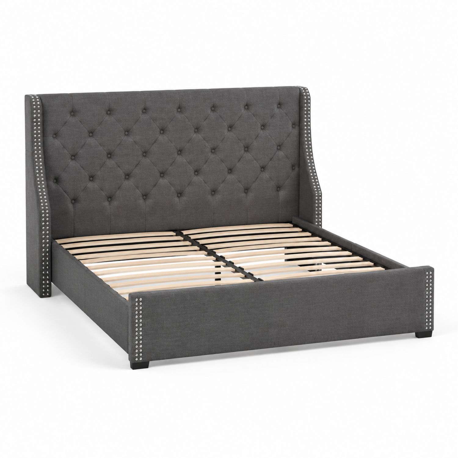 Cama tapizada con cabecero capitoné gris 200x160 cm estructura de madera