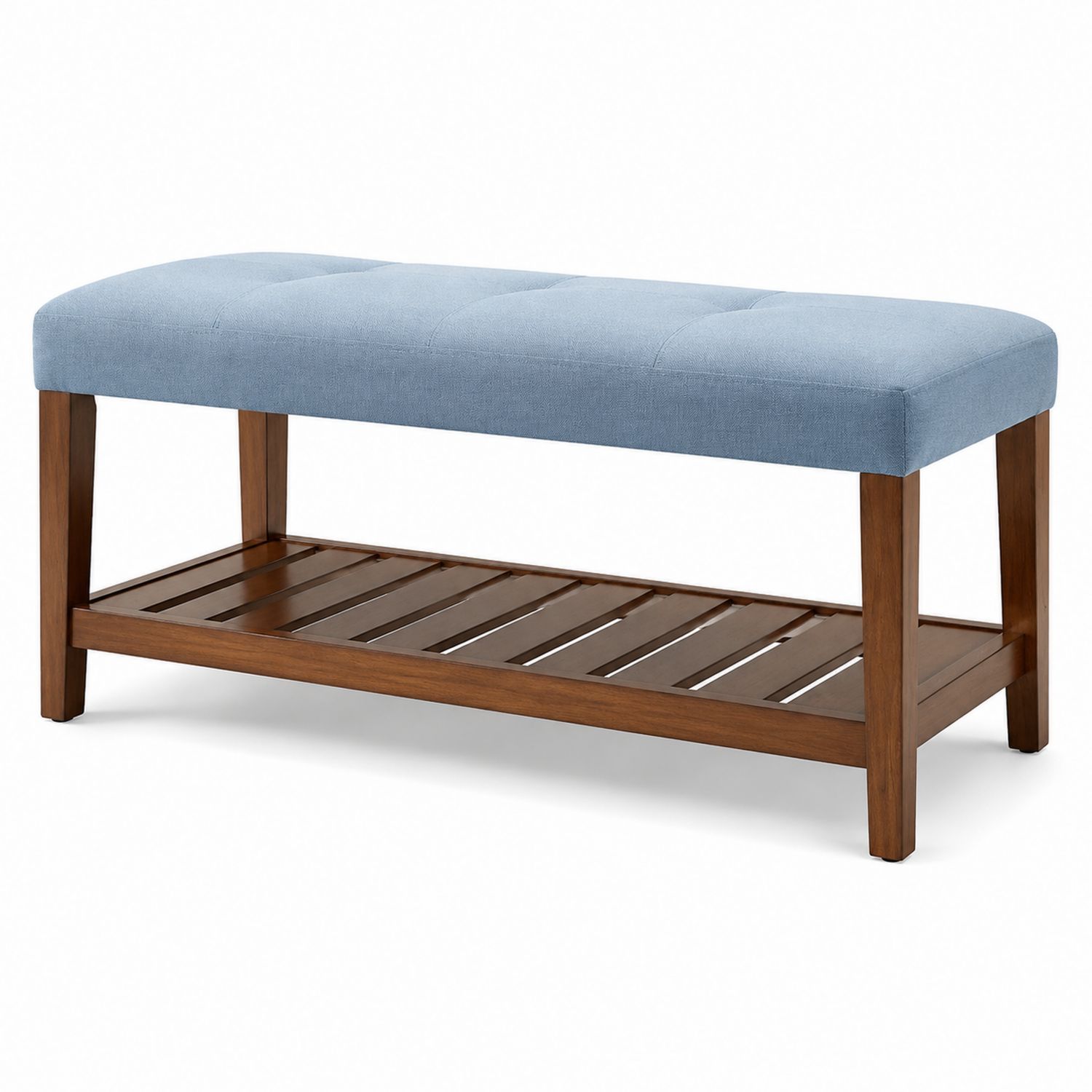 Banco de Madera con Asiento de Tela Azul y Estante