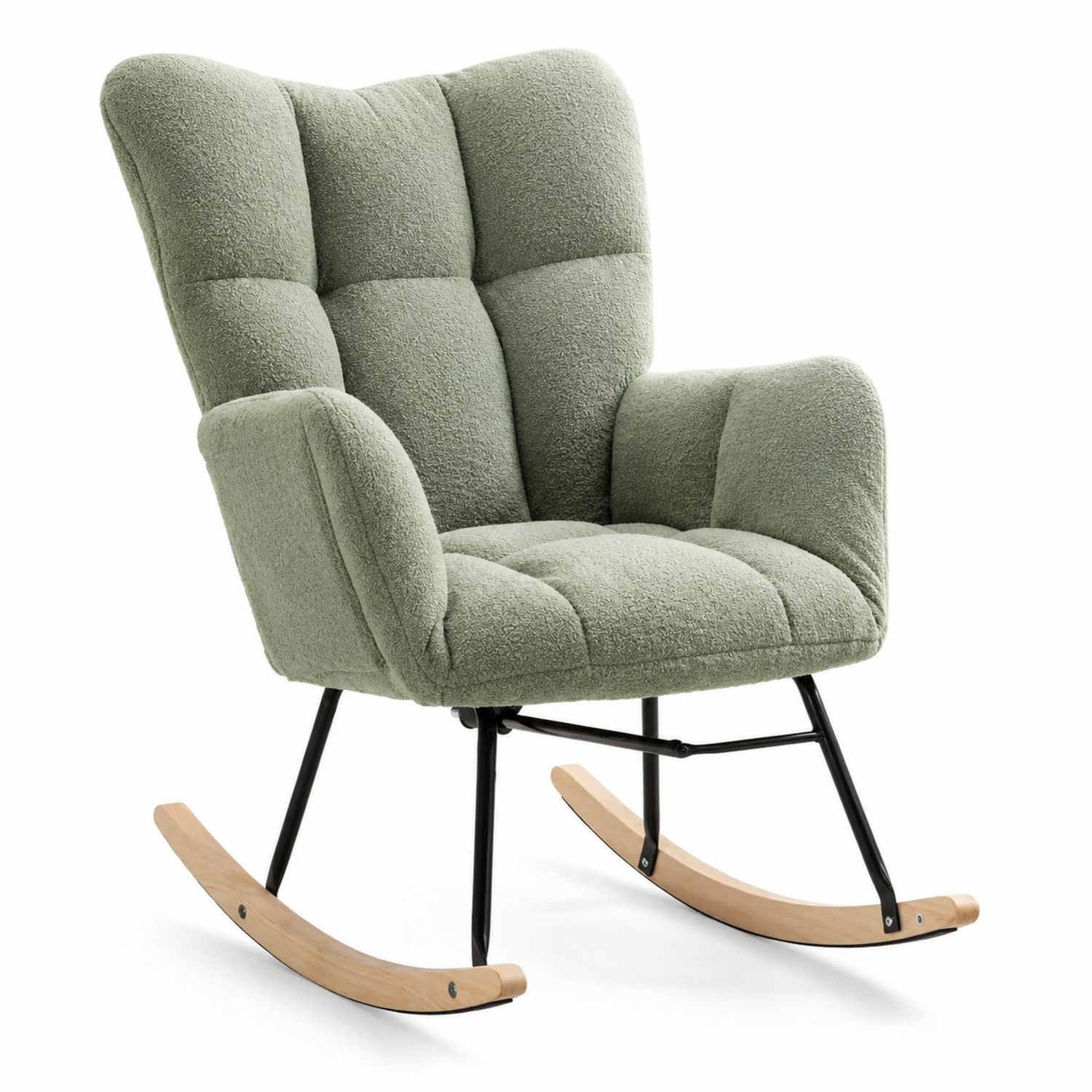 Mecedora tapizada en poliéster verde con estructura de metal y madera
