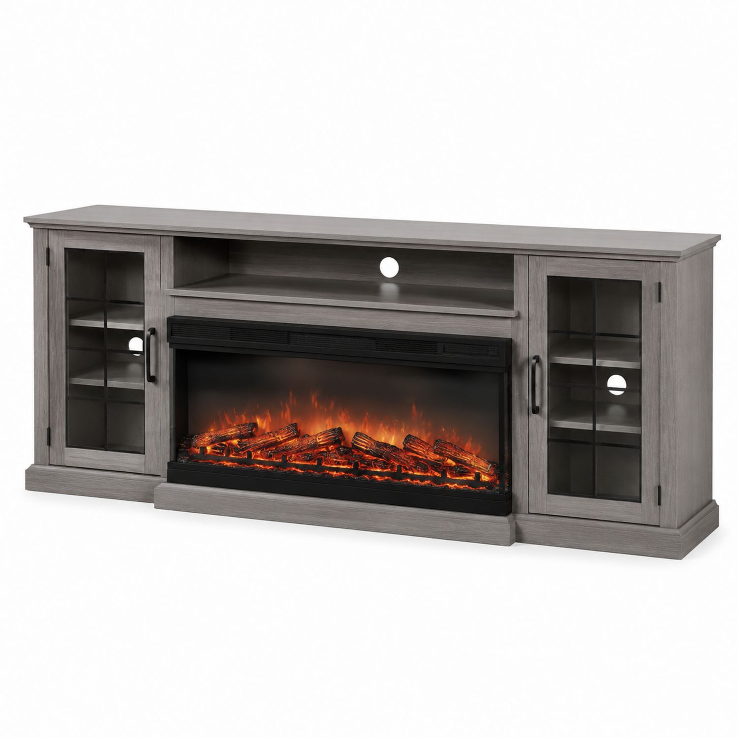 Mueble de TV con chimenea eléctrica y estantes de vidrio templado 152 cm Gris